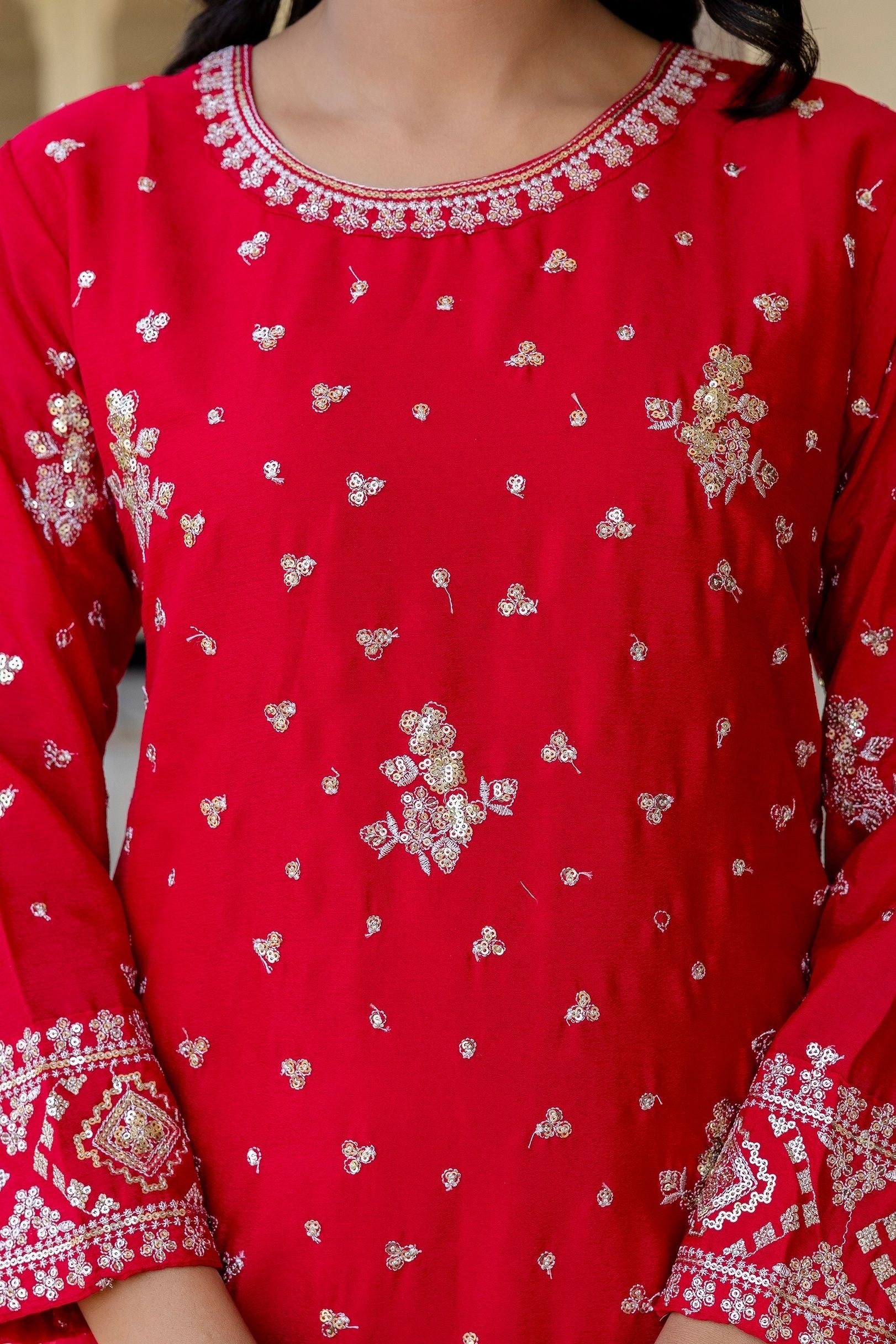 Vibrant Red Chinon Embroidery Sequence Wedding Wear Sharara Suit With Dupatta