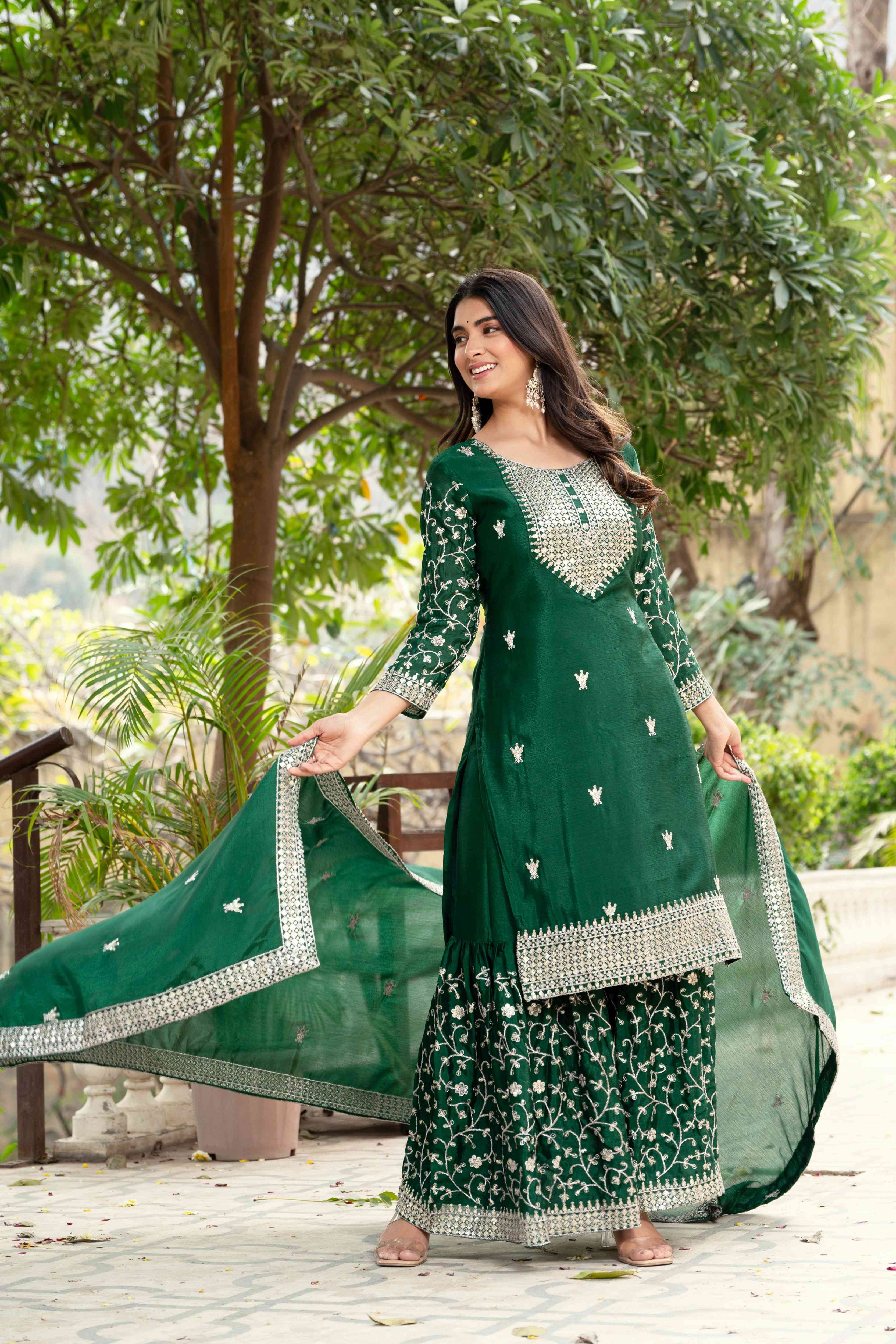 Incredible Bottel Green Chinon Sequence Embroidery Festive Wear Sharara Suit With Dupatta