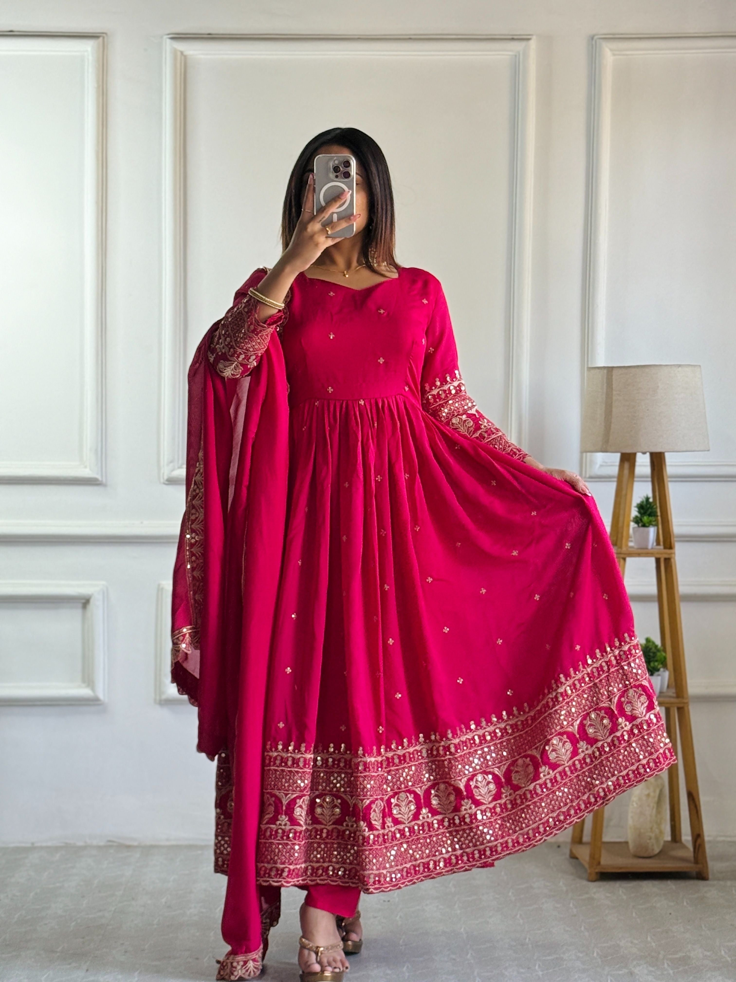 Dazzling Rani Pink Blooming Vichitra Silk Seuqnce Designer Festive Wear Anarkali Suit Pant