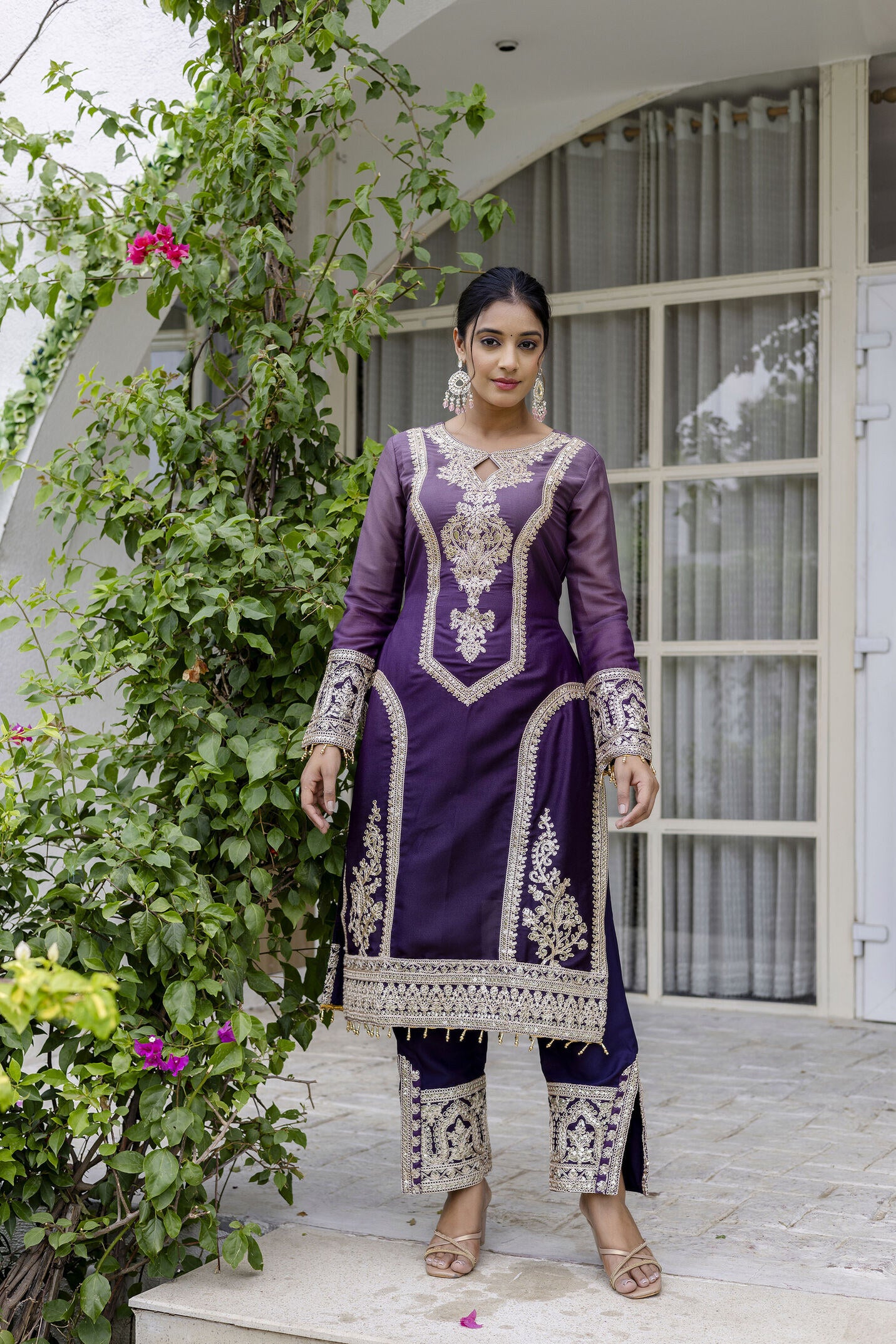 Awesome Plum Purple pedding Embroidery Sequence Work Festival Wear Pant Suit