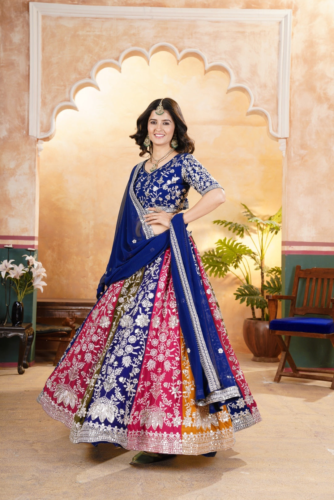 Alluring Multicolor Panelled Navy Blue Embroidered Lehenga Choli With Border Dupatta