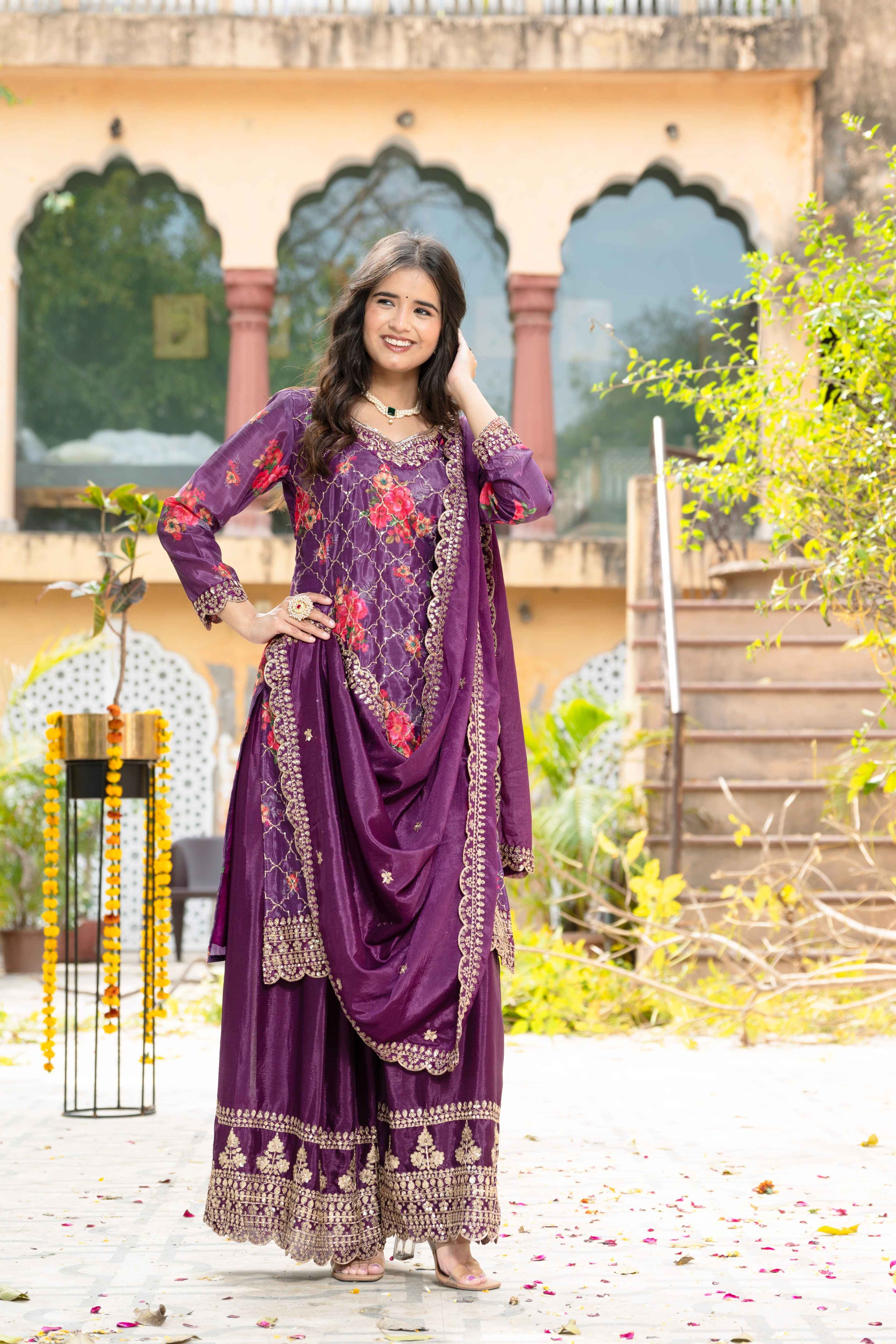 Gorgeous Wine Silk Digital Printed Embroidery Designer sharara Suit With Dupatta