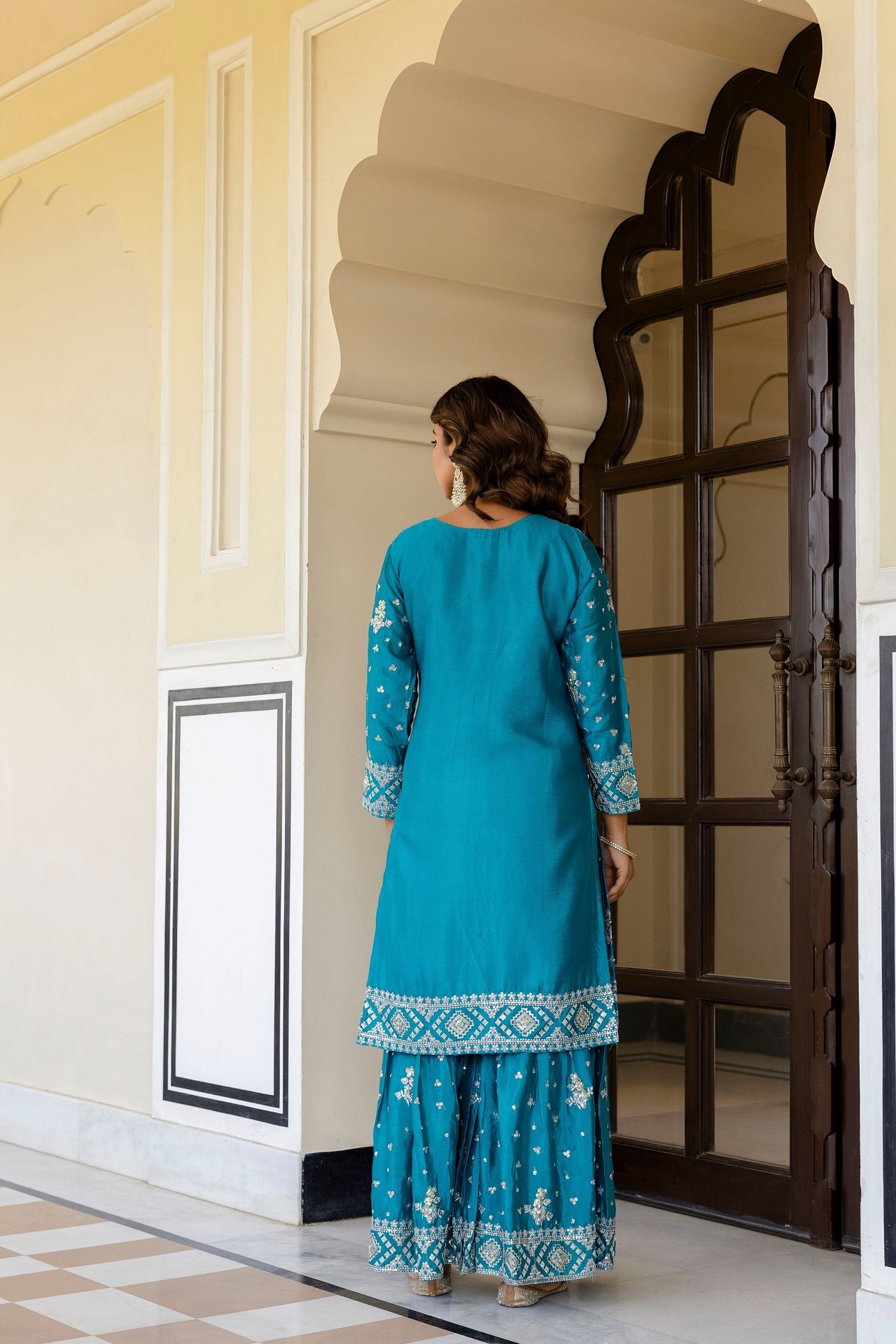 Incredible Teal Blue Chinon Embroidery Sequence Party Wear Sharara Suit With Dupatta