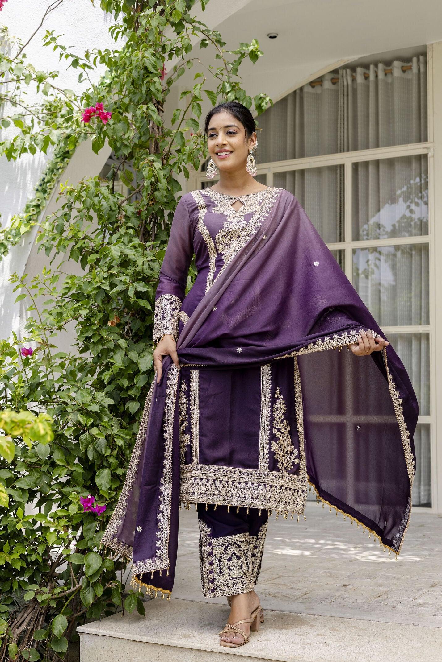 Awesome Plum Purple pedding Embroidery Sequence Work Festival Wear Pant Suit