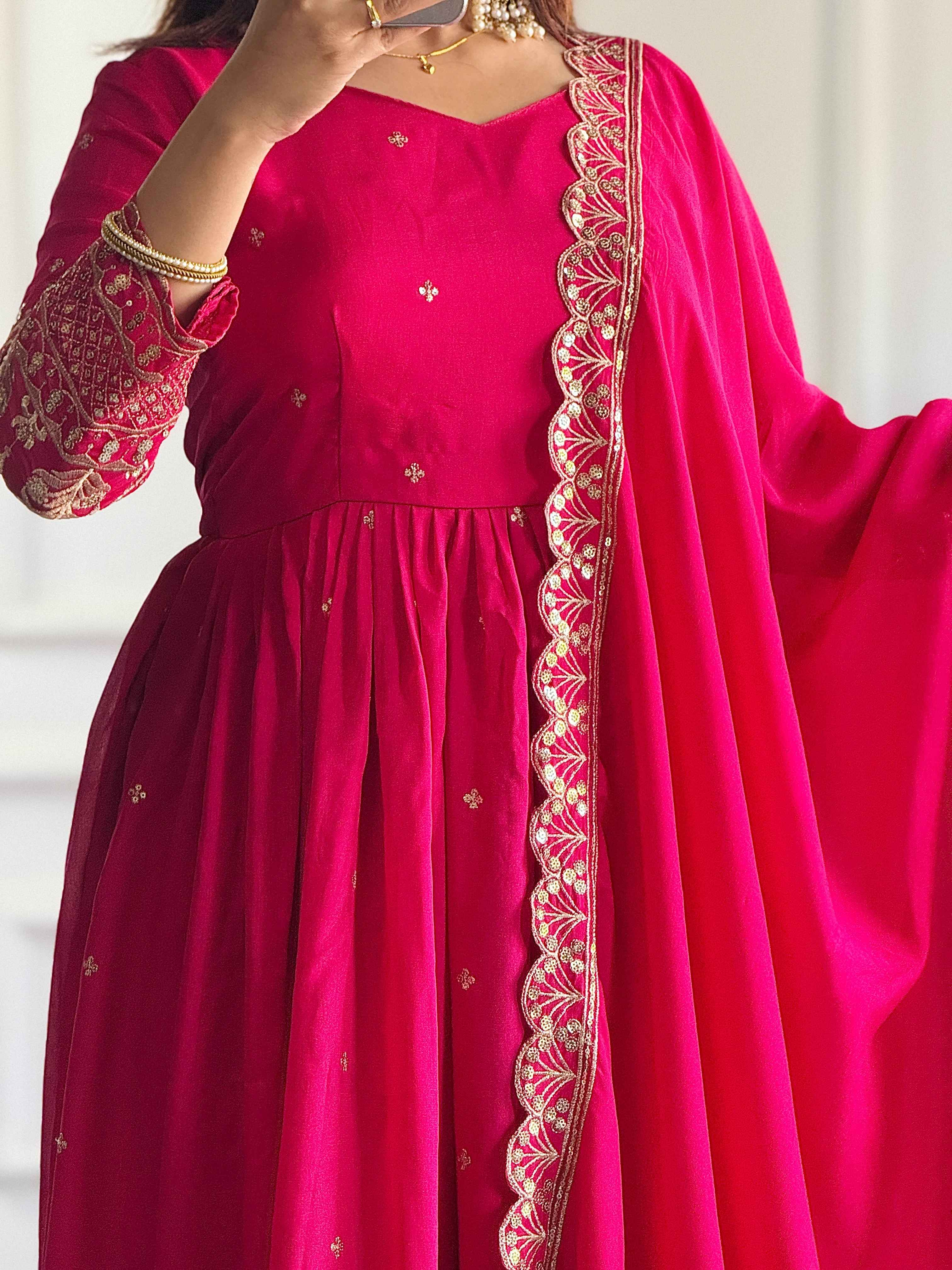 Dazzling Rani Pink Blooming Vichitra Silk Seuqnce Designer Festive Wear Anarkali Suit Pant
