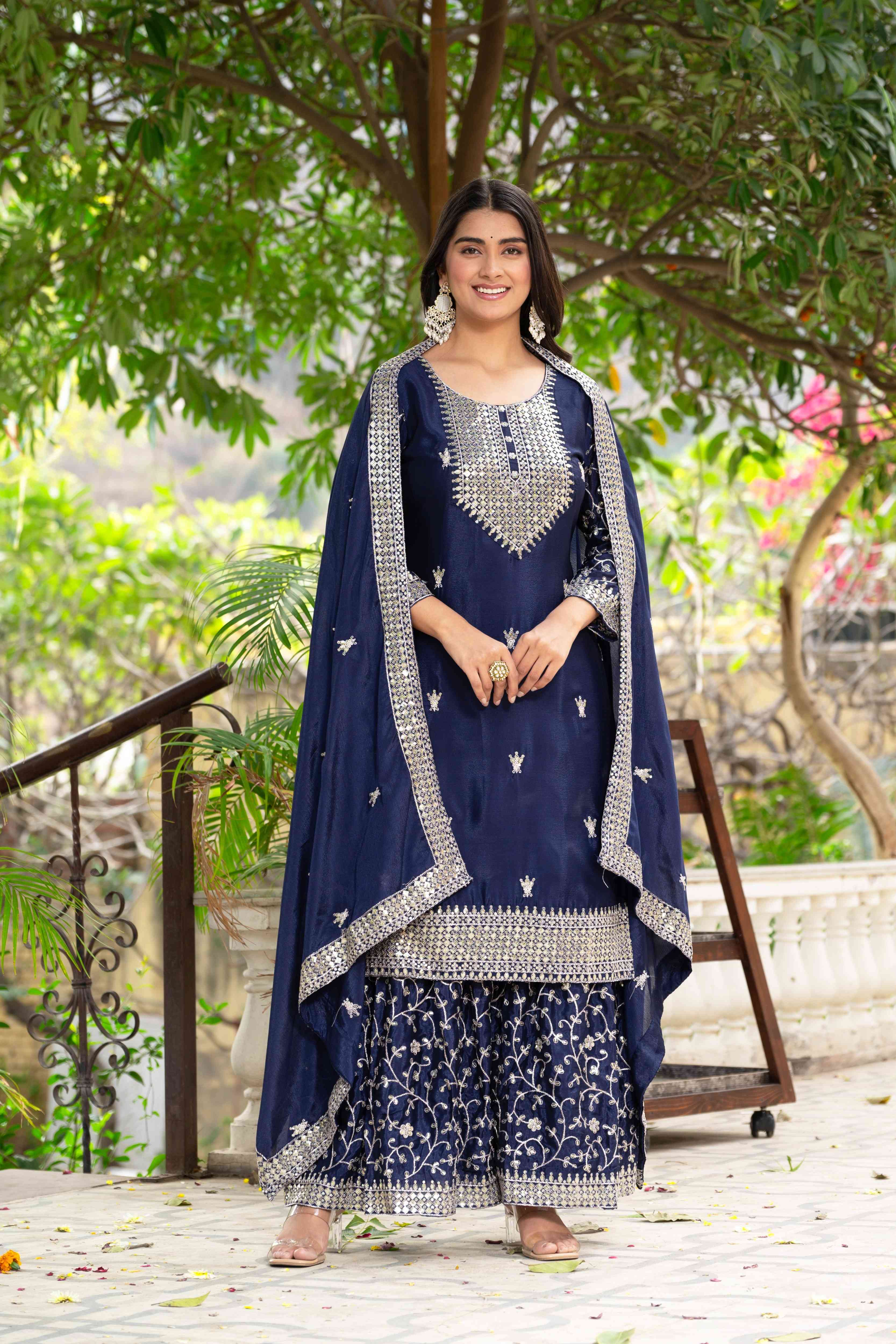 Enchanting Navy Blue Chinon Sequence Embroidery Wedding Wear Sharara Suit With Dupatta