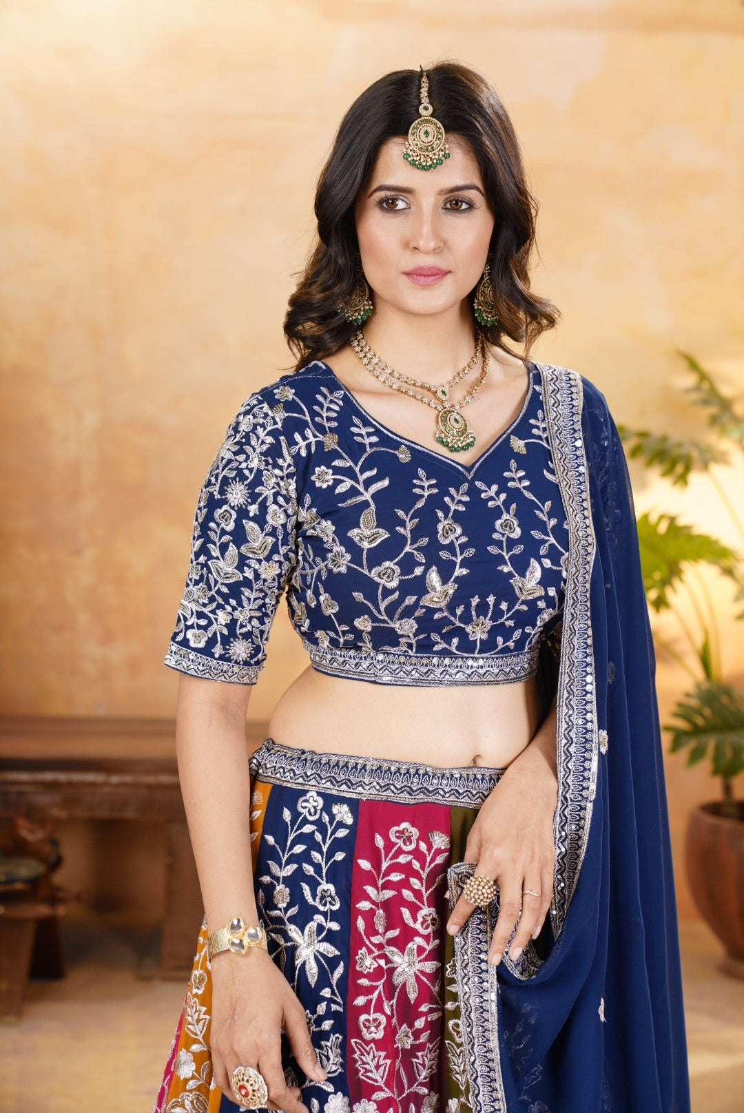 Alluring Multicolor Panelled Navy Blue Embroidered Lehenga Choli With Border Dupatta