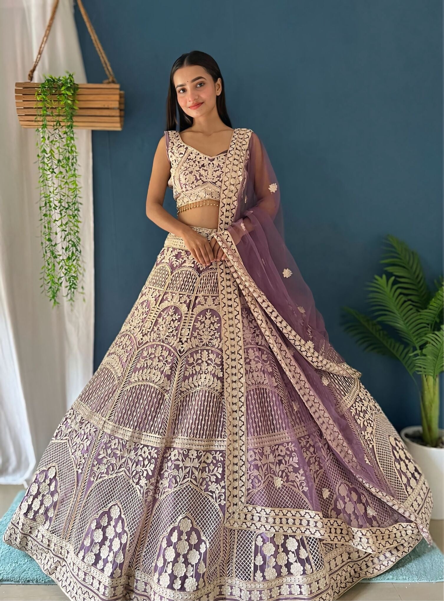 Beautiful Lilac Gold Zari Embroidery Sequence Thread Designer Heavy Net Bridal Lehenga Set