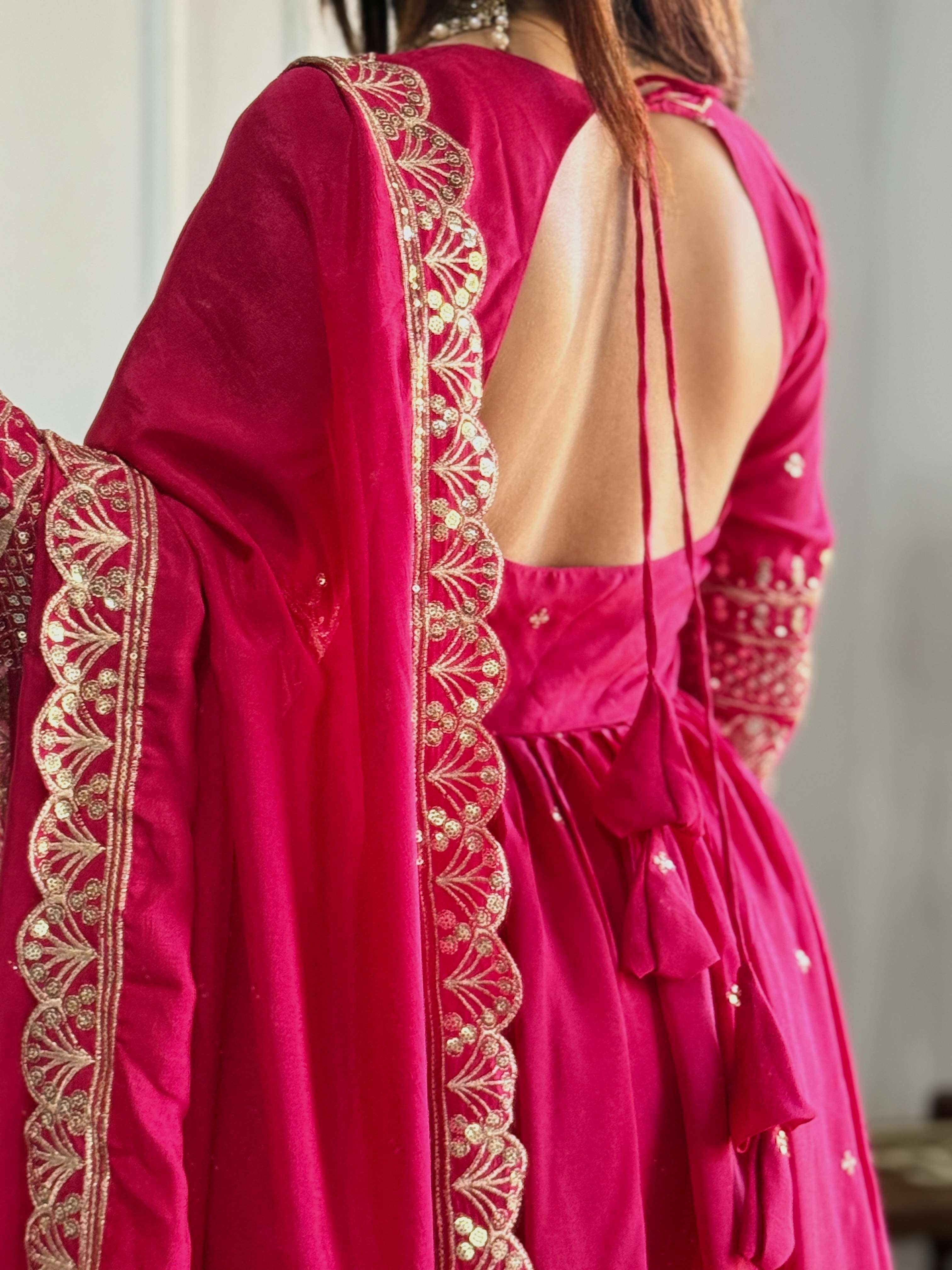 Dazzling Rani Pink Blooming Vichitra Silk Seuqnce Designer Festive Wear Anarkali Suit Pant