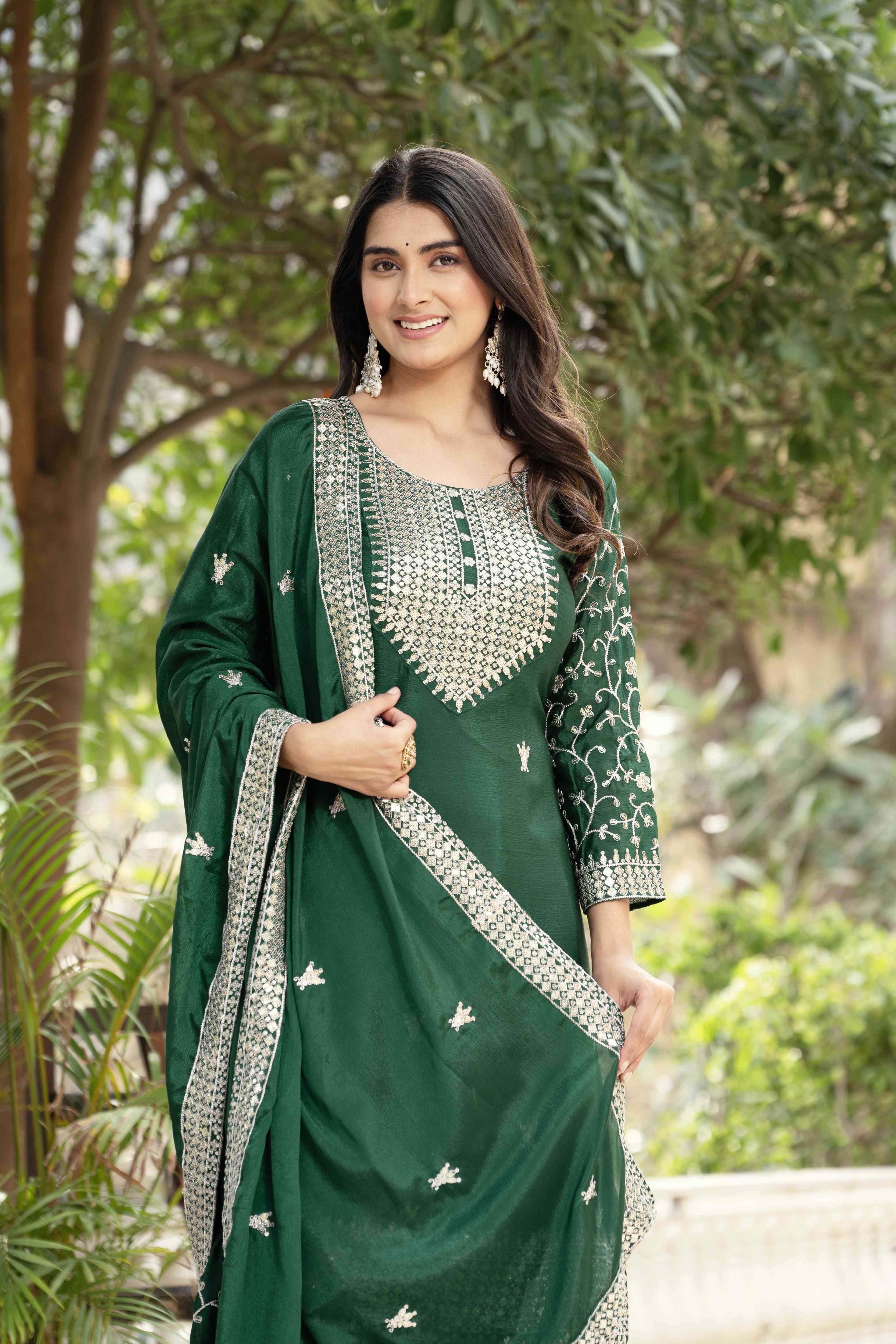 Incredible Bottel Green Chinon Sequence Embroidery Festive Wear Sharara Suit With Dupatta
