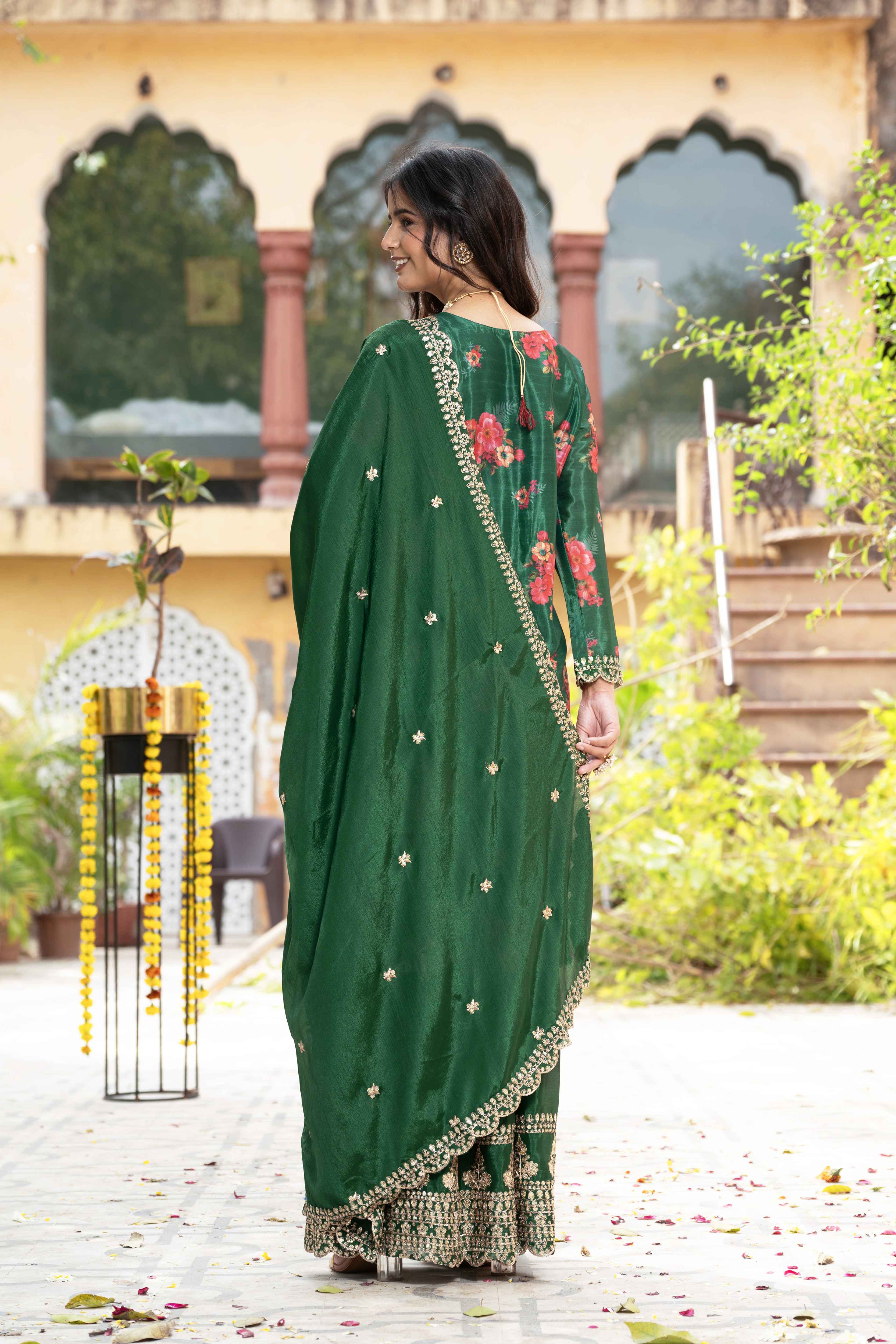 Beautiful Green Silk Digital Printed Embroidery Designer sharara Suit With Dupatta