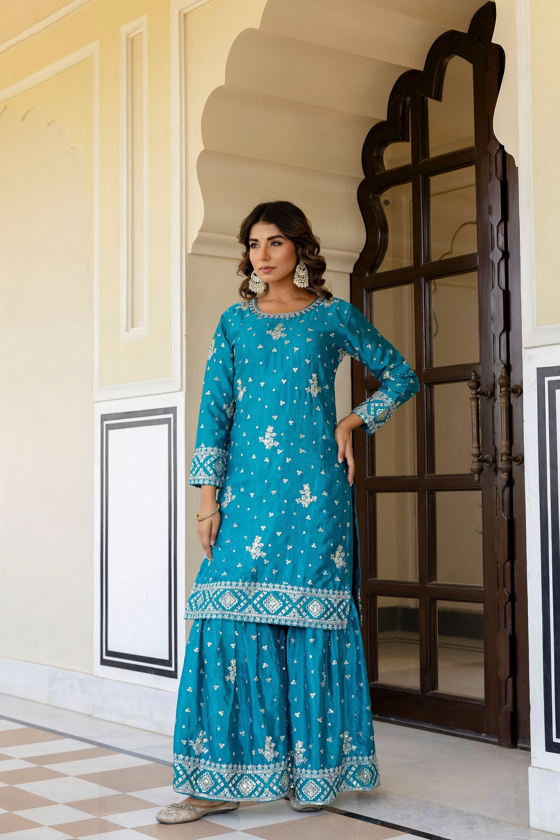 Incredible Teal Blue Chinon Embroidery Sequence Party Wear Sharara Suit With Dupatta