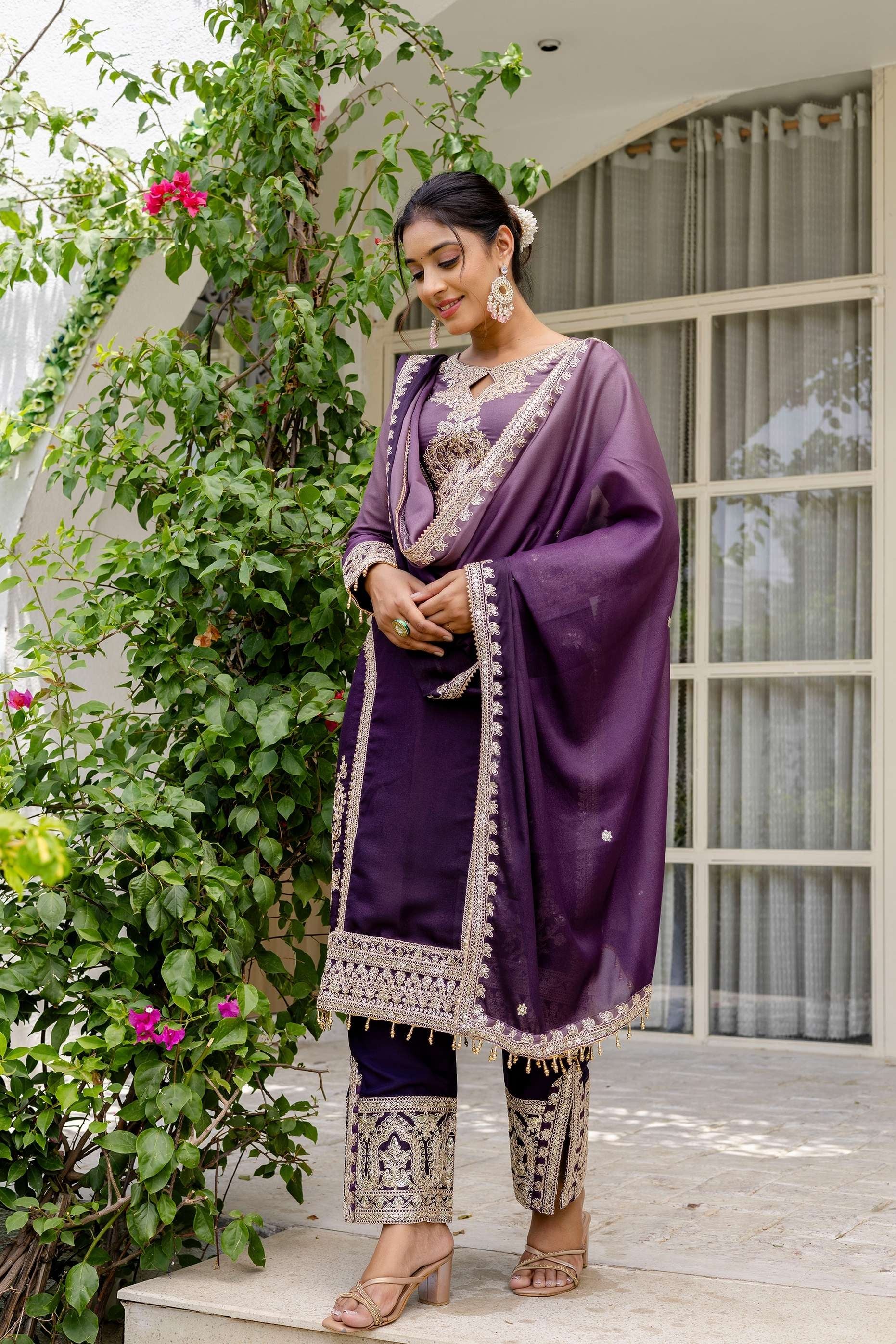 Awesome Plum Purple pedding Embroidery Sequence Work Festival Wear Pant Suit
