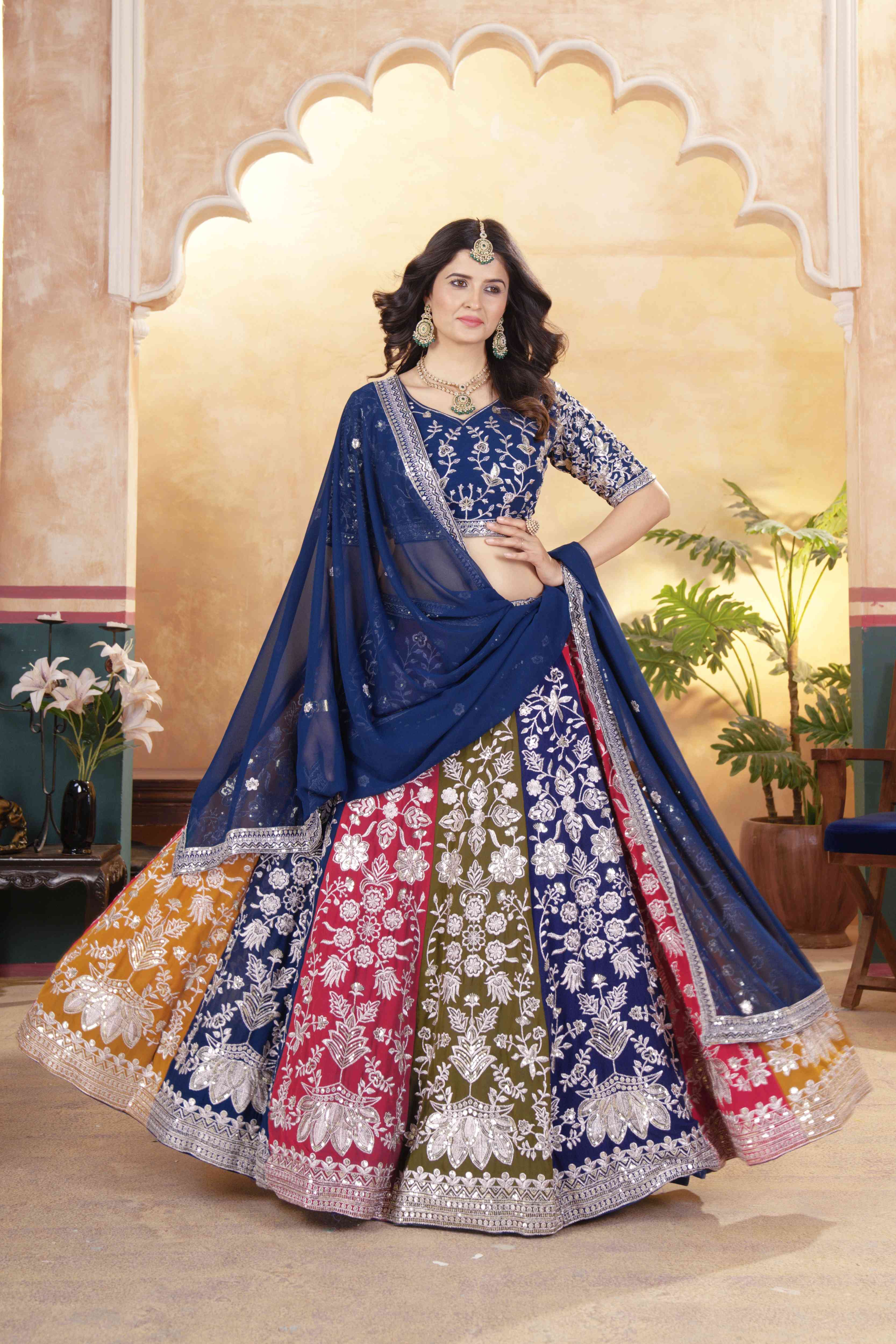 Alluring Multicolor Panelled Navy Blue Embroidered Lehenga Choli With Border Dupatta
