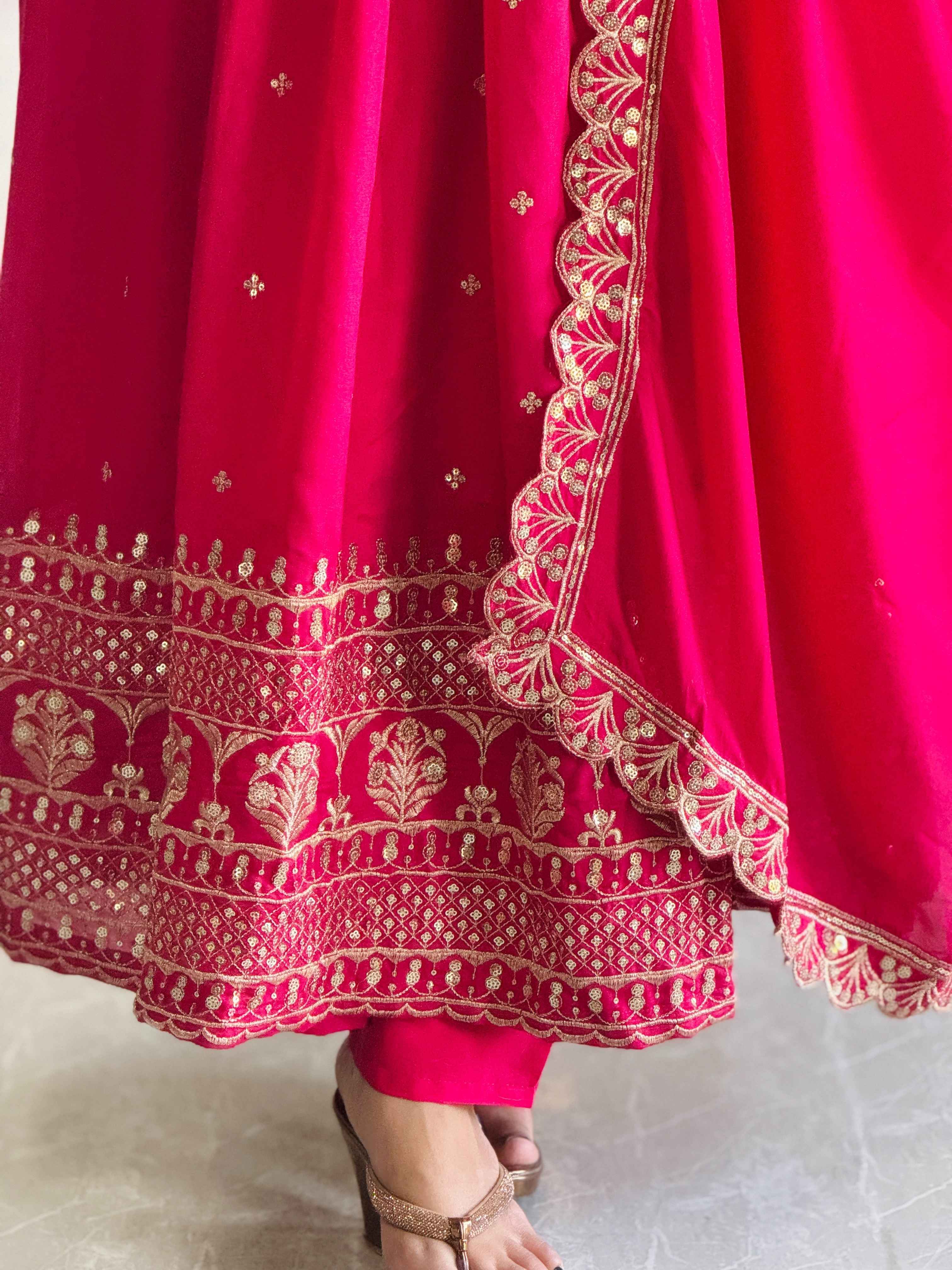 Dazzling Rani Pink Blooming Vichitra Silk Seuqnce Designer Festive Wear Anarkali Suit Pant