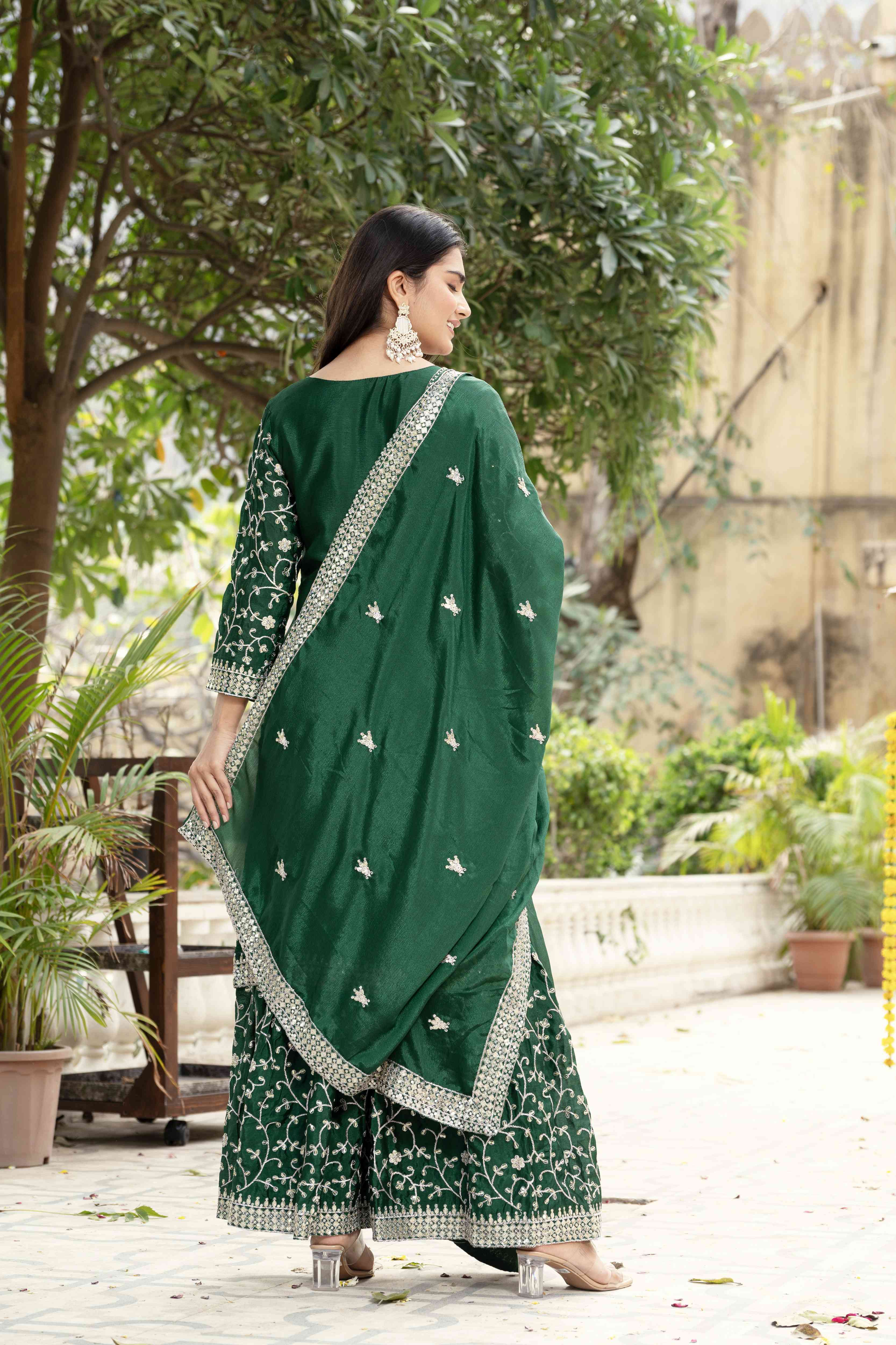 Incredible Bottel Green Chinon Sequence Embroidery Festive Wear Sharara Suit With Dupatta