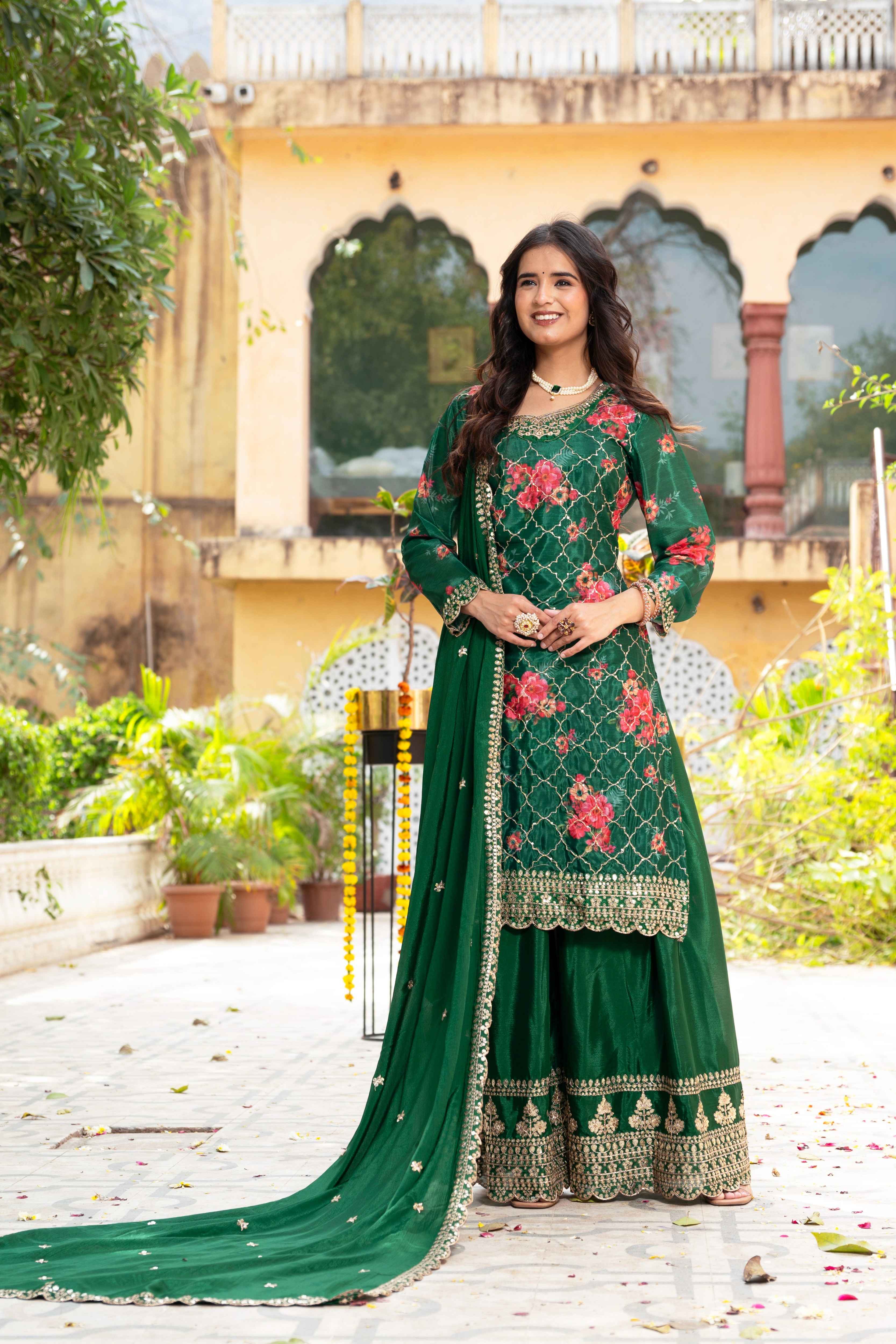 Beautiful Green Silk Digital Printed Embroidery Designer sharara Suit With Dupatta