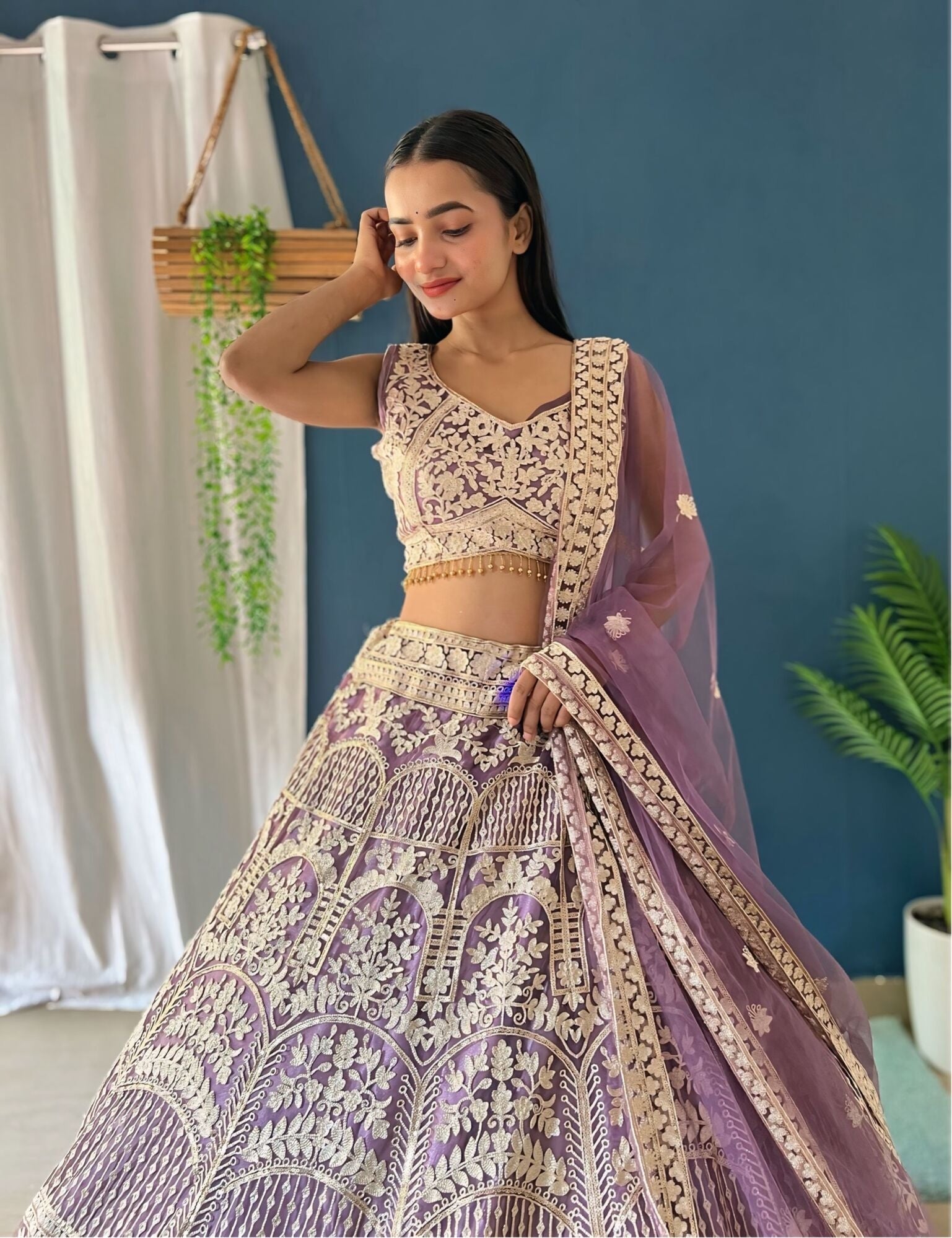 Beautiful Lilac Gold Zari Embroidery Sequence Thread Designer Heavy Net Bridal Lehenga Set