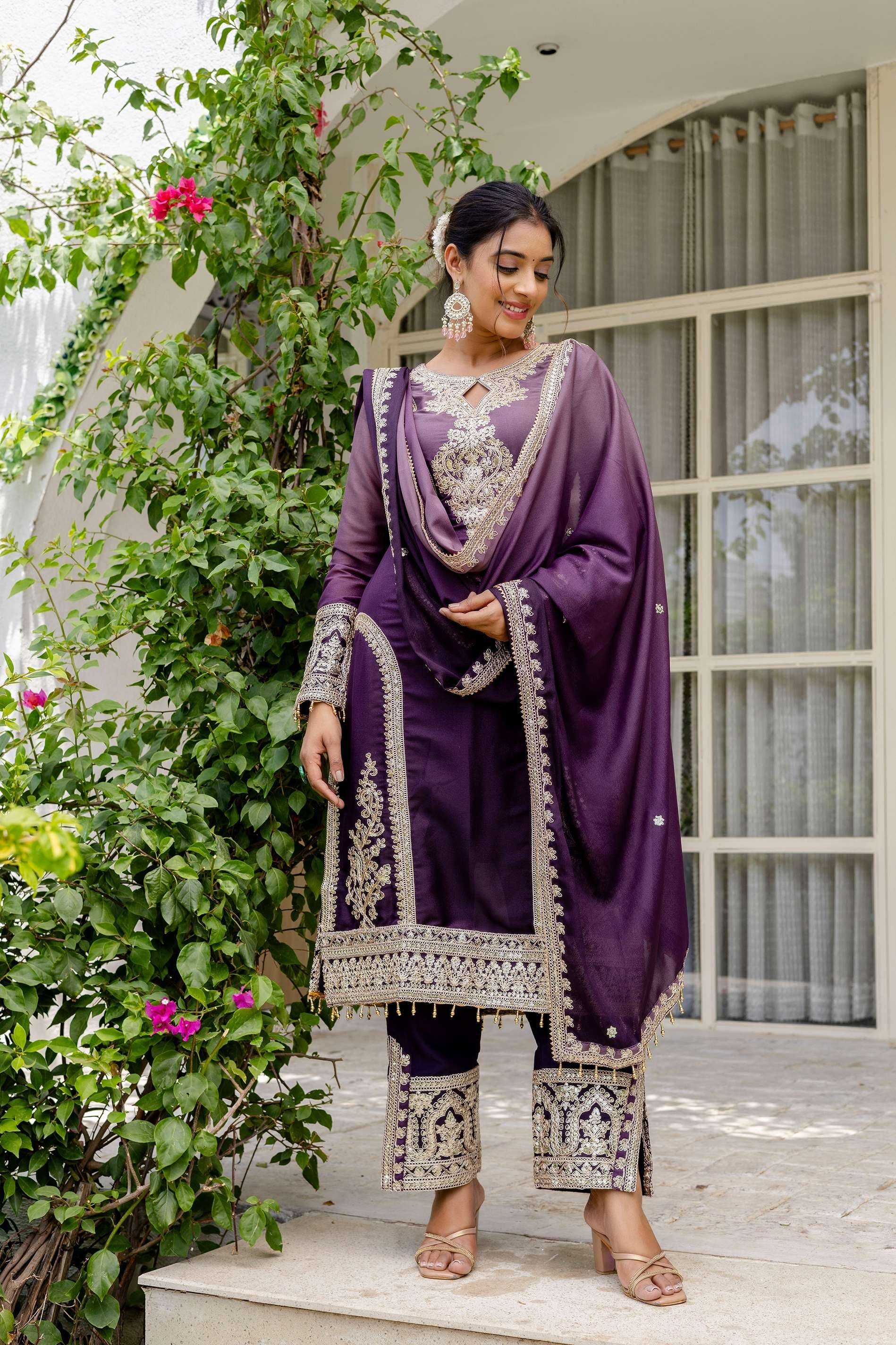 Awesome Plum Purple pedding Embroidery Sequence Work Festival Wear Pant Suit