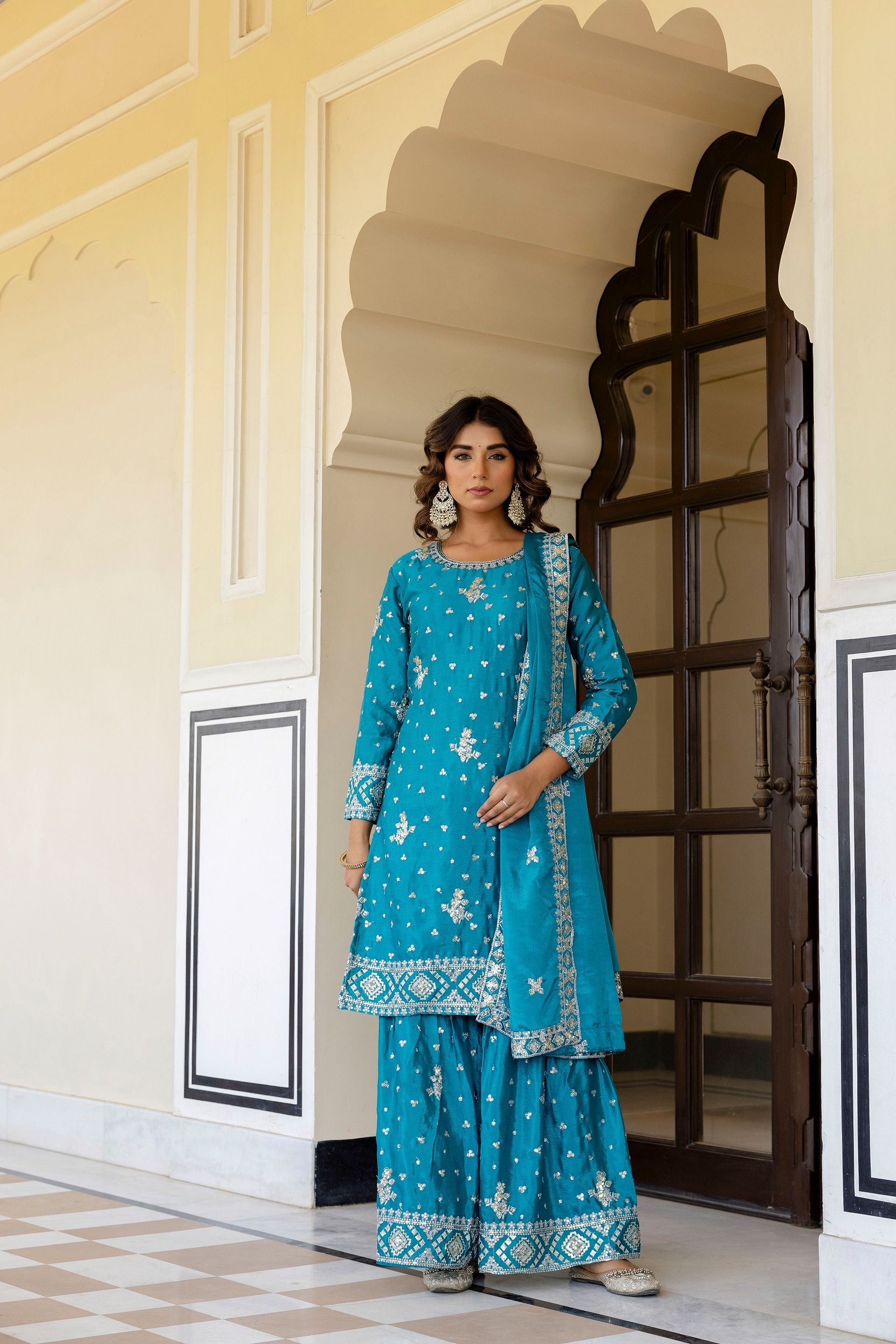 Incredible Teal Blue Chinon Embroidery Sequence Party Wear Sharara Suit With Dupatta