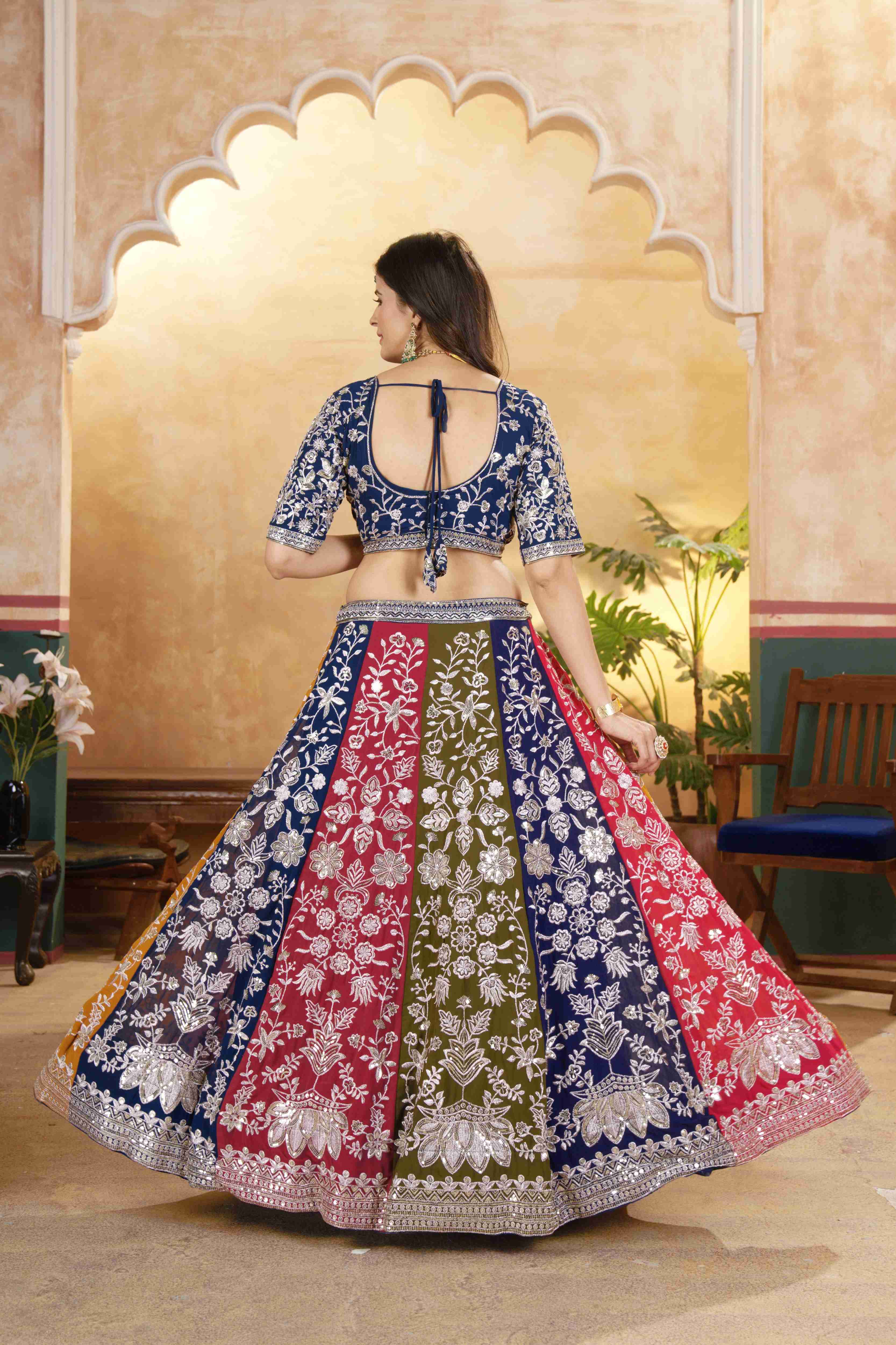 Alluring Multicolor Panelled Navy Blue Embroidered Lehenga Choli With Border Dupatta