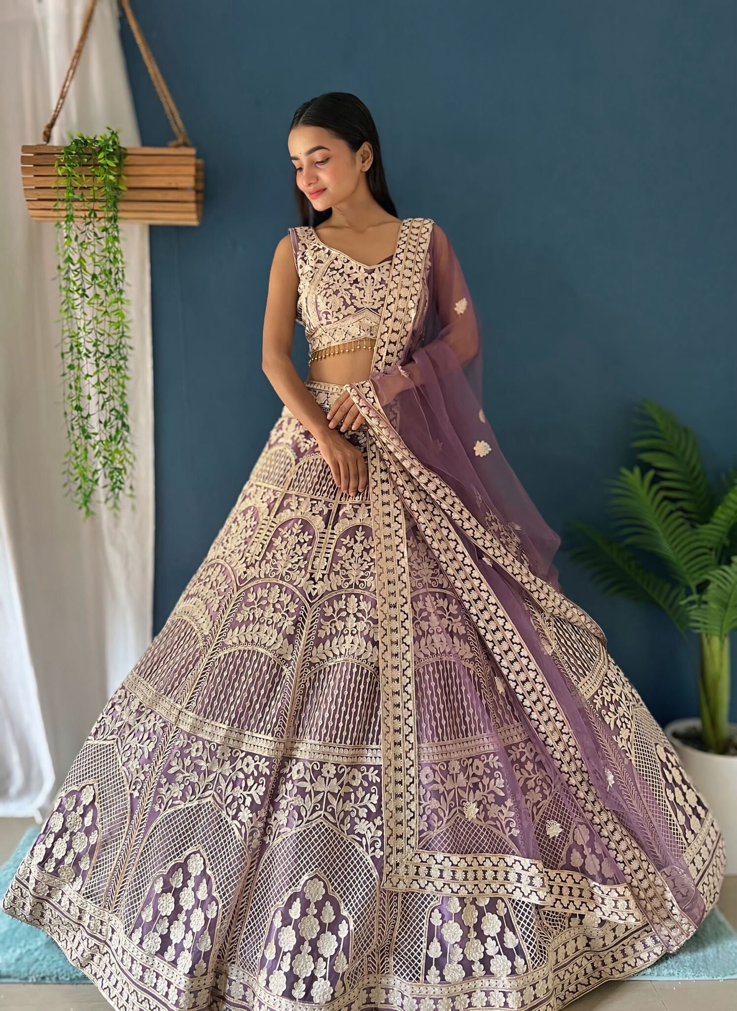 Beautiful Lilac Gold Zari Embroidery Sequence Thread Designer Heavy Net Bridal Lehenga Set