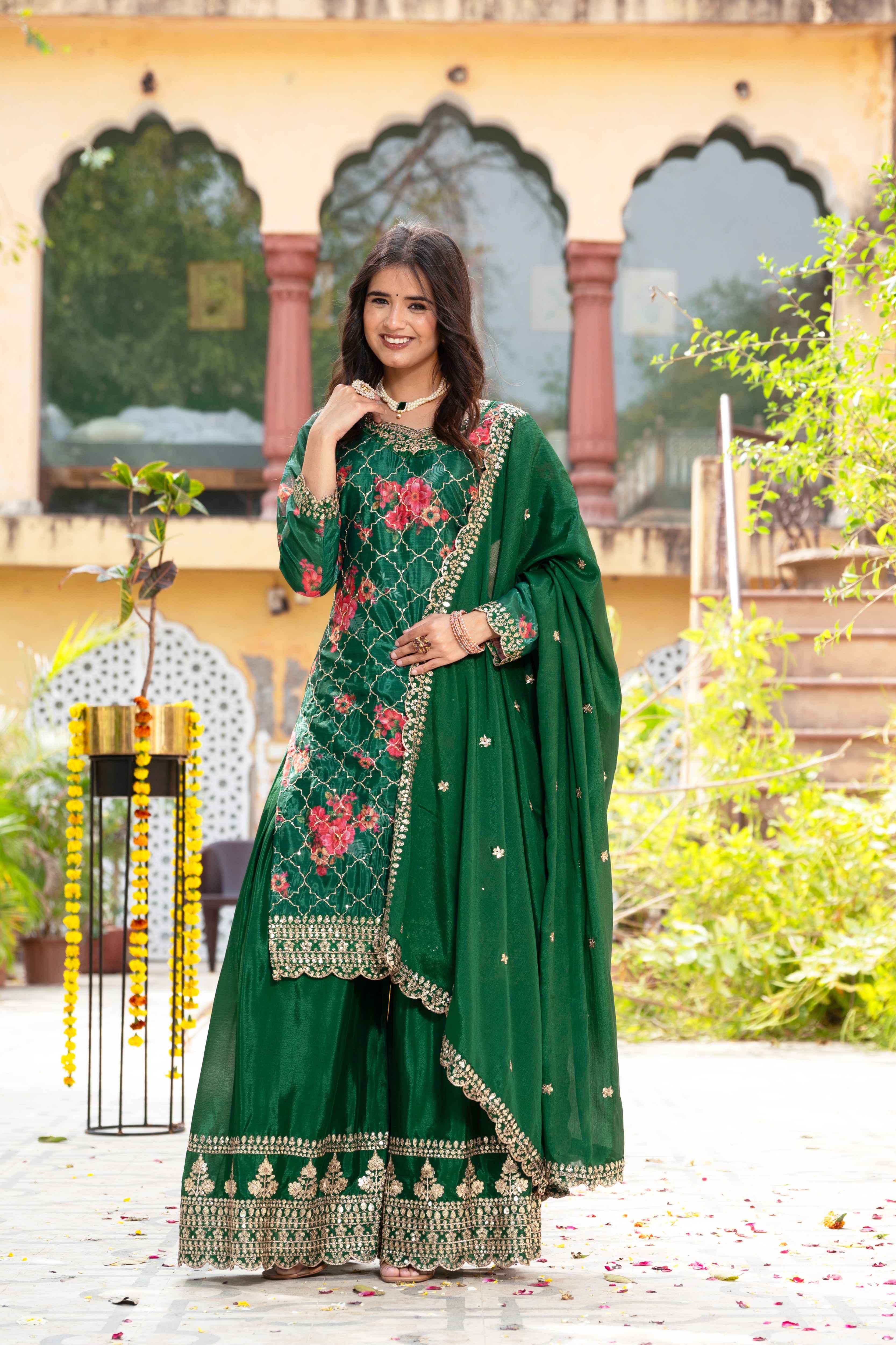 Beautiful Green Silk Digital Printed Embroidery Designer sharara Suit With Dupatta