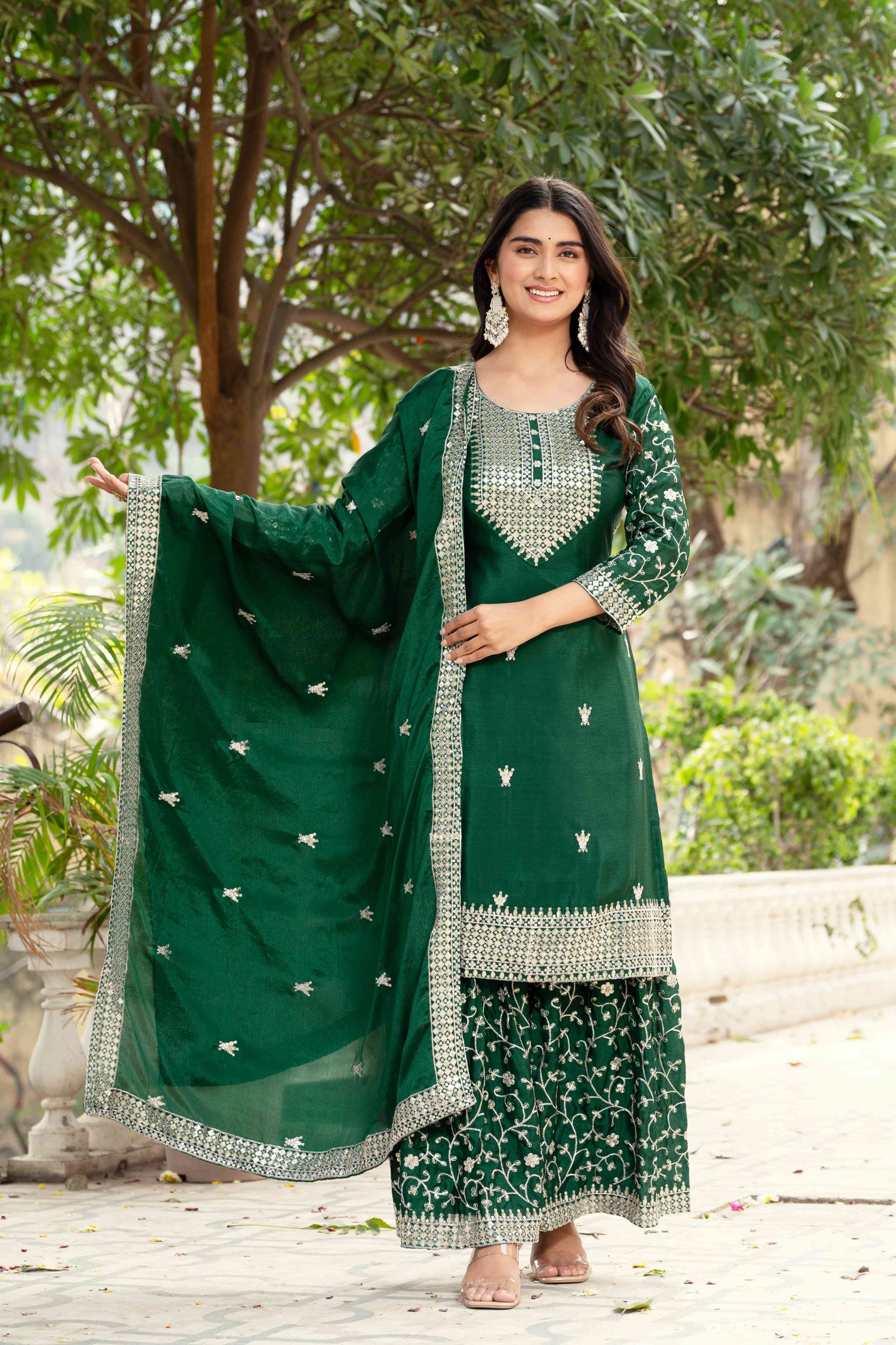 Incredible Bottel Green Chinon Sequence Embroidery Festive Wear Sharara Suit With Dupatta