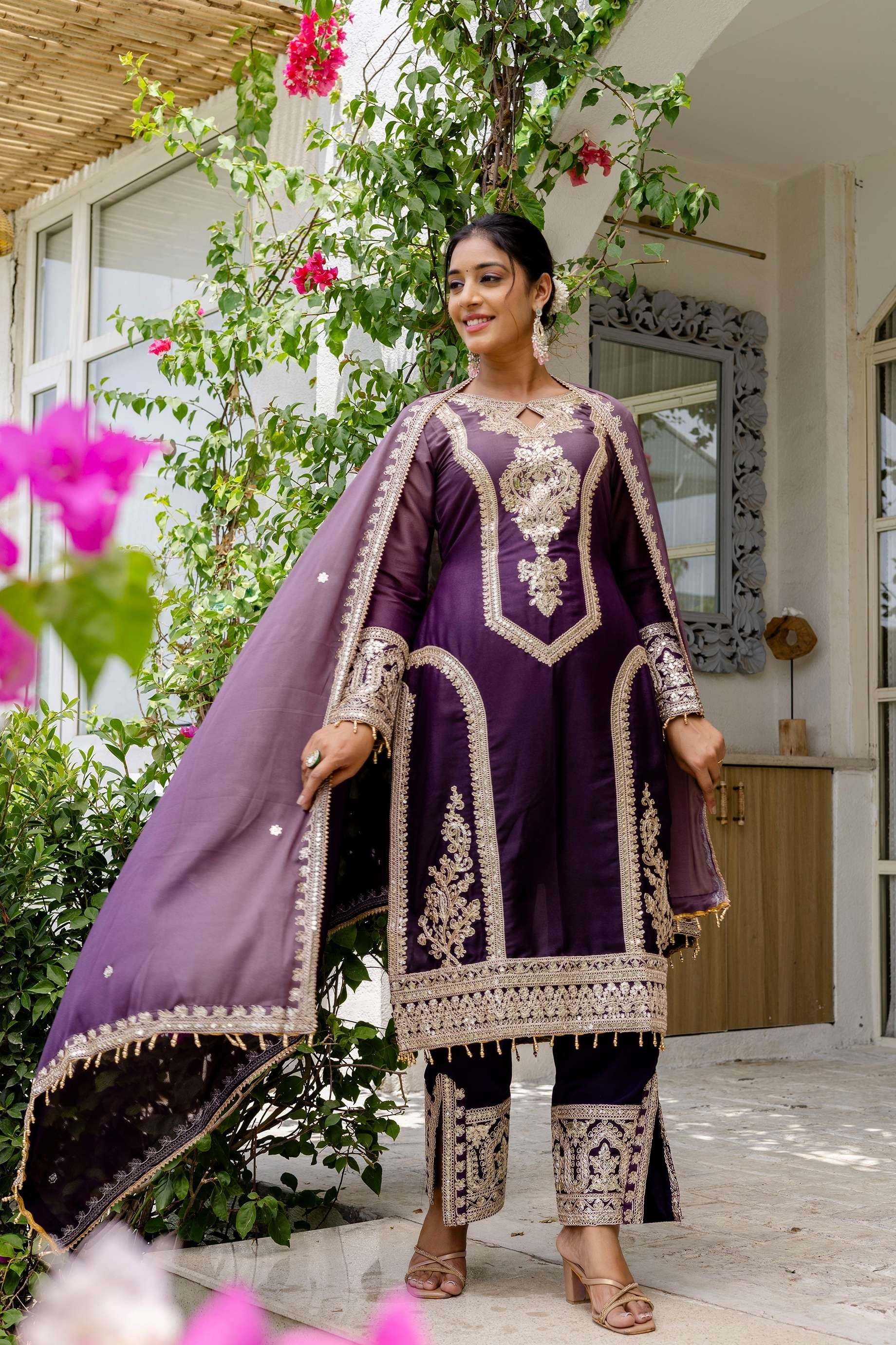 Awesome Plum Purple pedding Embroidery Sequence Work Festival Wear Pant Suit