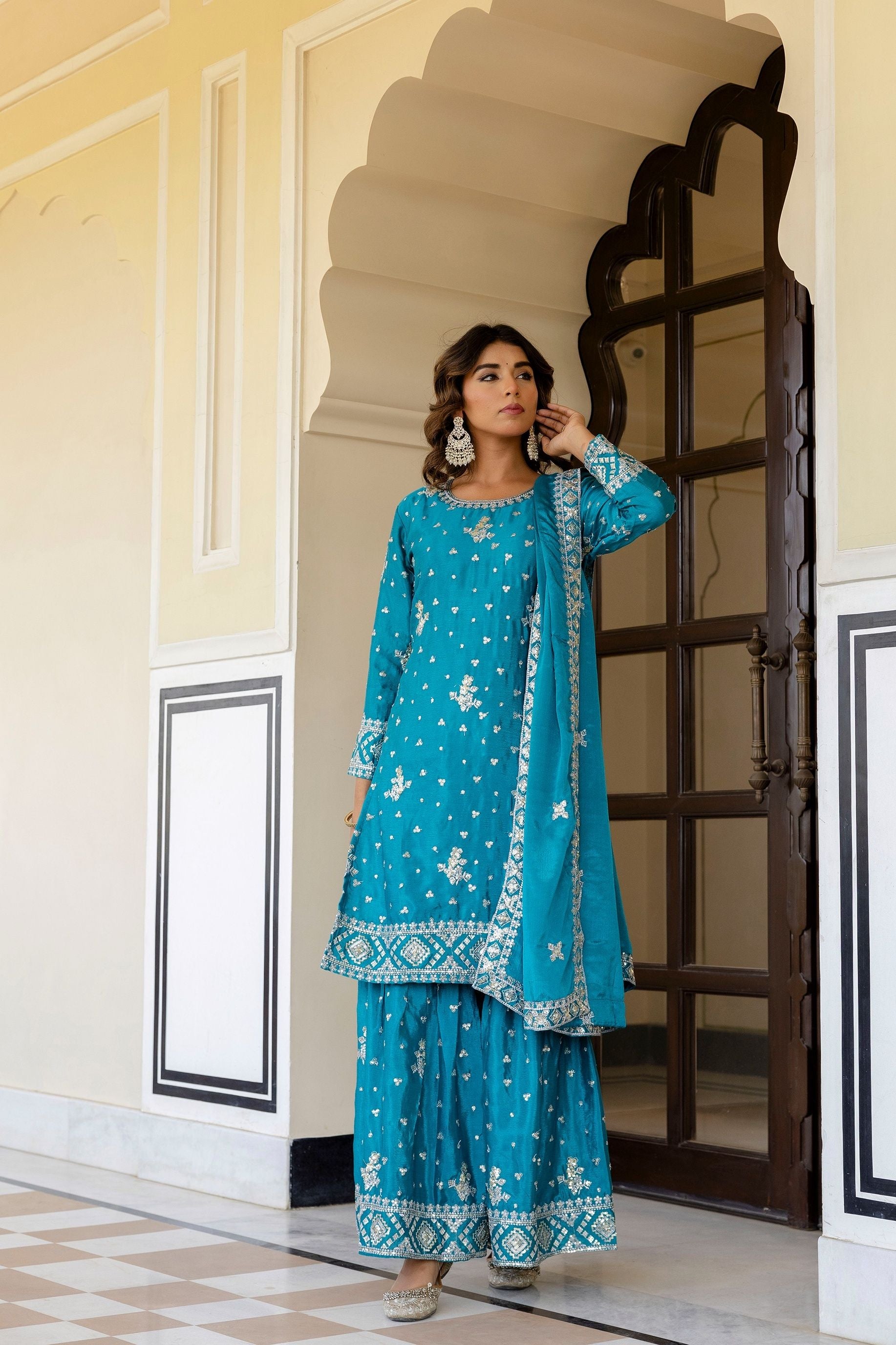 Incredible Teal Blue Chinon Embroidery Sequence Party Wear Sharara Suit With Dupatta