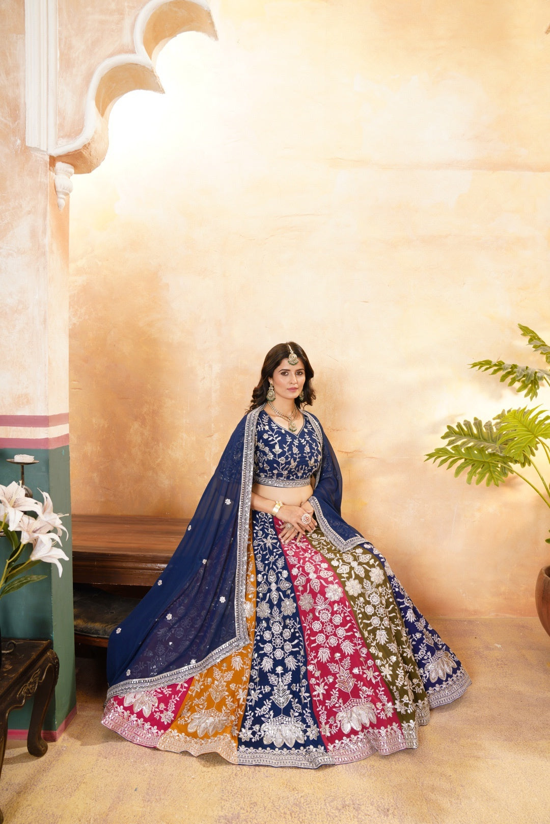 Alluring Multicolor Panelled Navy Blue Embroidered Lehenga Choli With Border Dupatta