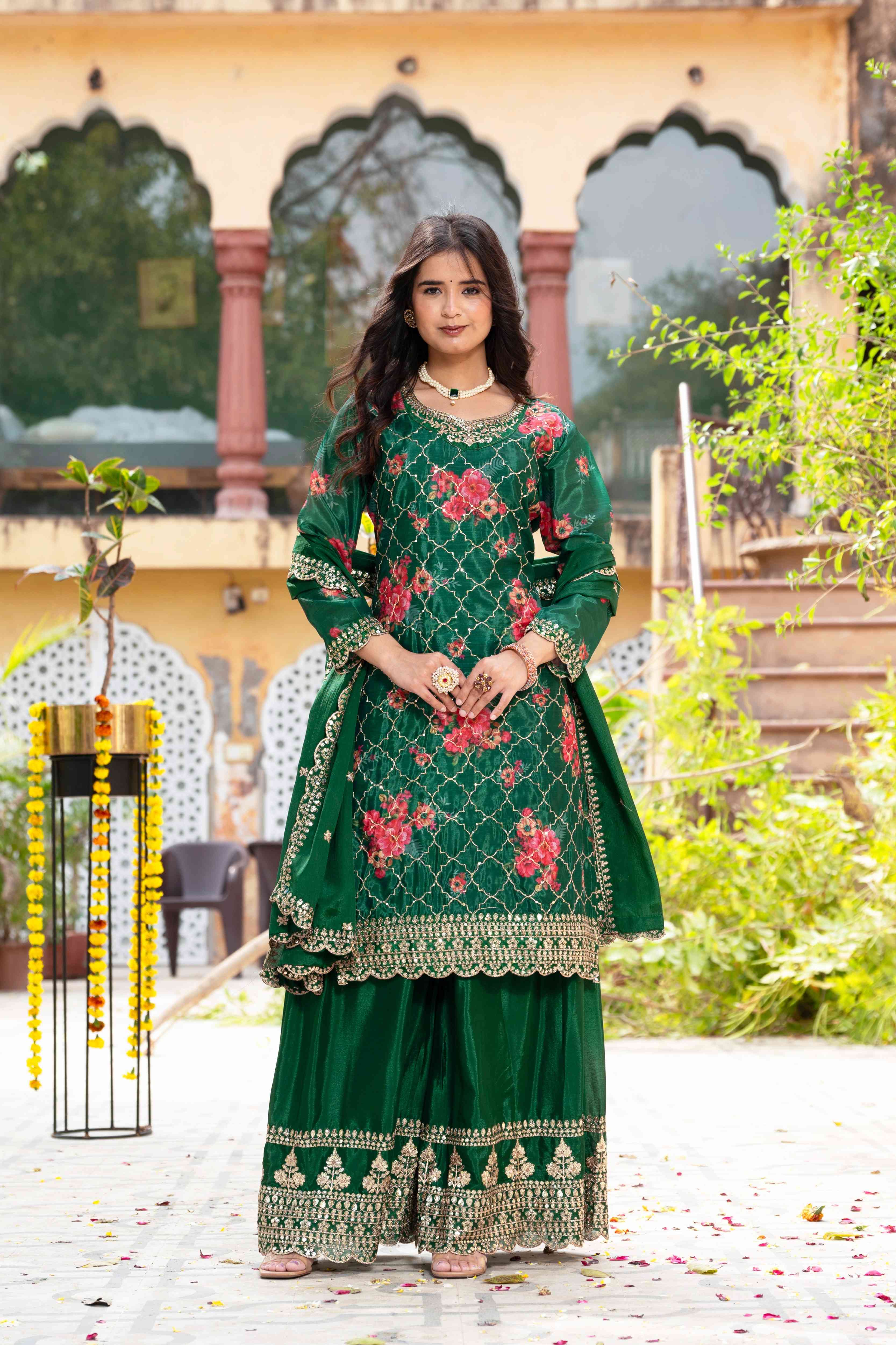 Beautiful Green Silk Digital Printed Embroidery Designer sharara Suit With Dupatta