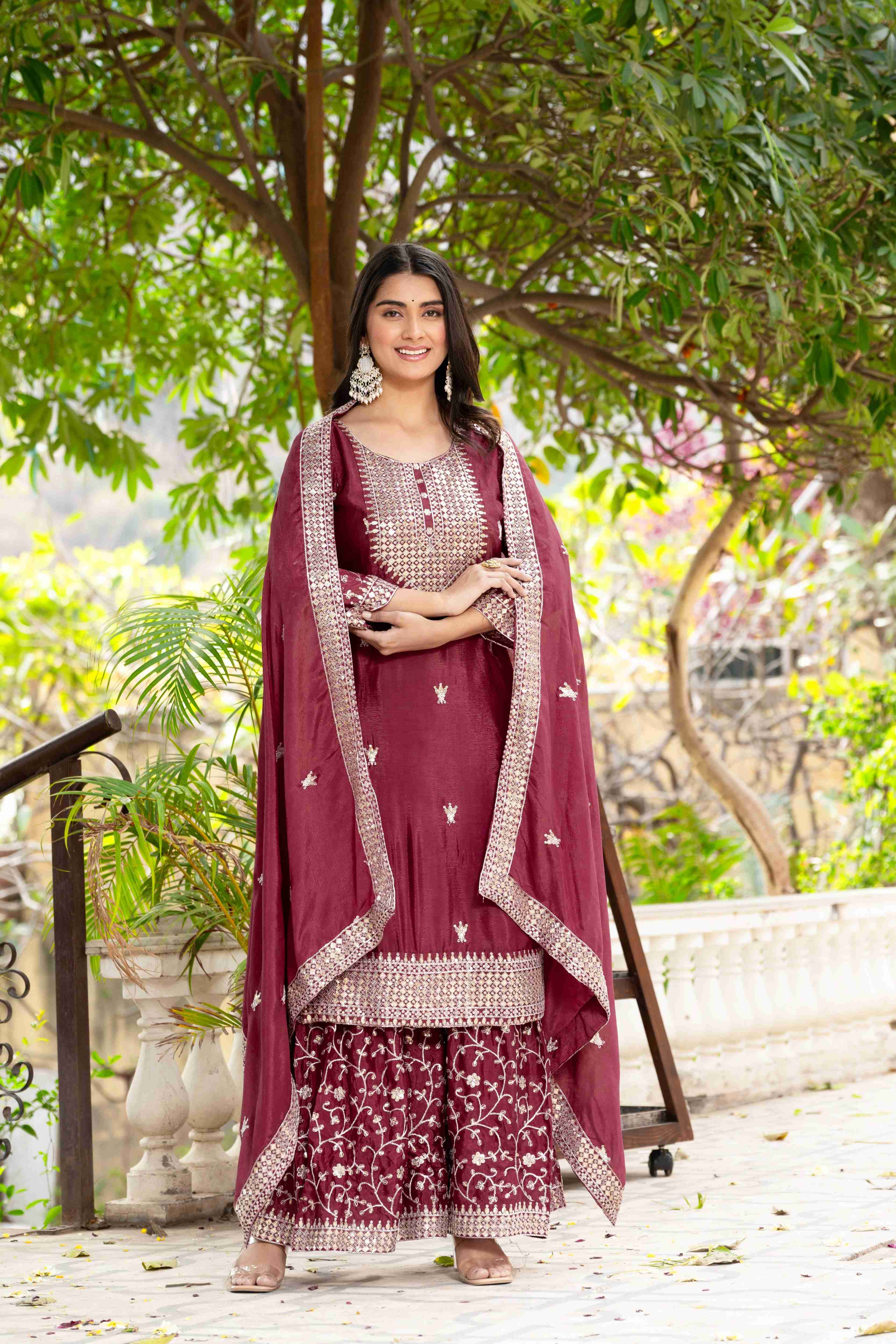 Adorable Maroon Chinon Sequence Embroidery Wedding Wear Sharara Suit With Dupatta