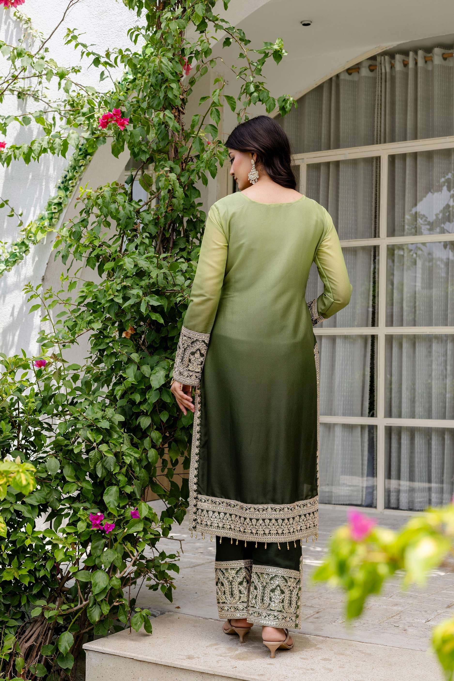Incredible Olive green pedding Embroidery Sequence Work Festival Wear Pant Suit