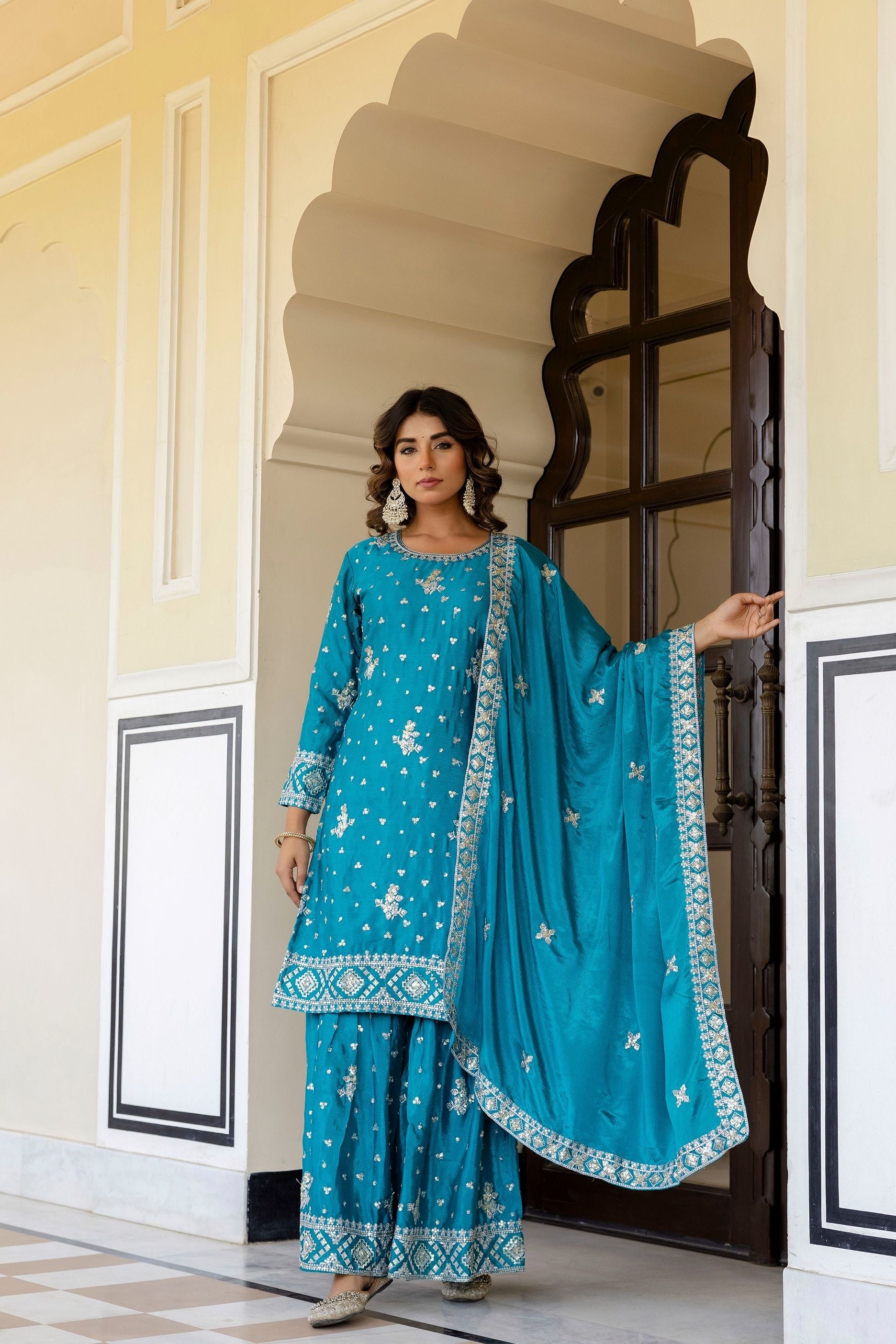 Incredible Teal Blue Chinon Embroidery Sequence Party Wear Sharara Suit With Dupatta