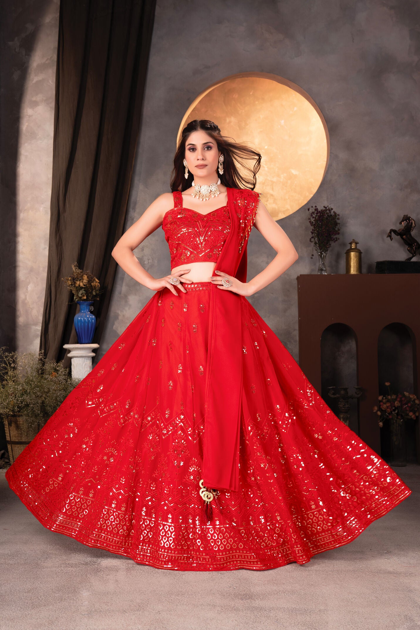 Elelegant Red Georgette Embroidery Sequence Designer Traditional Wear Lehenga Choli With Dupatta