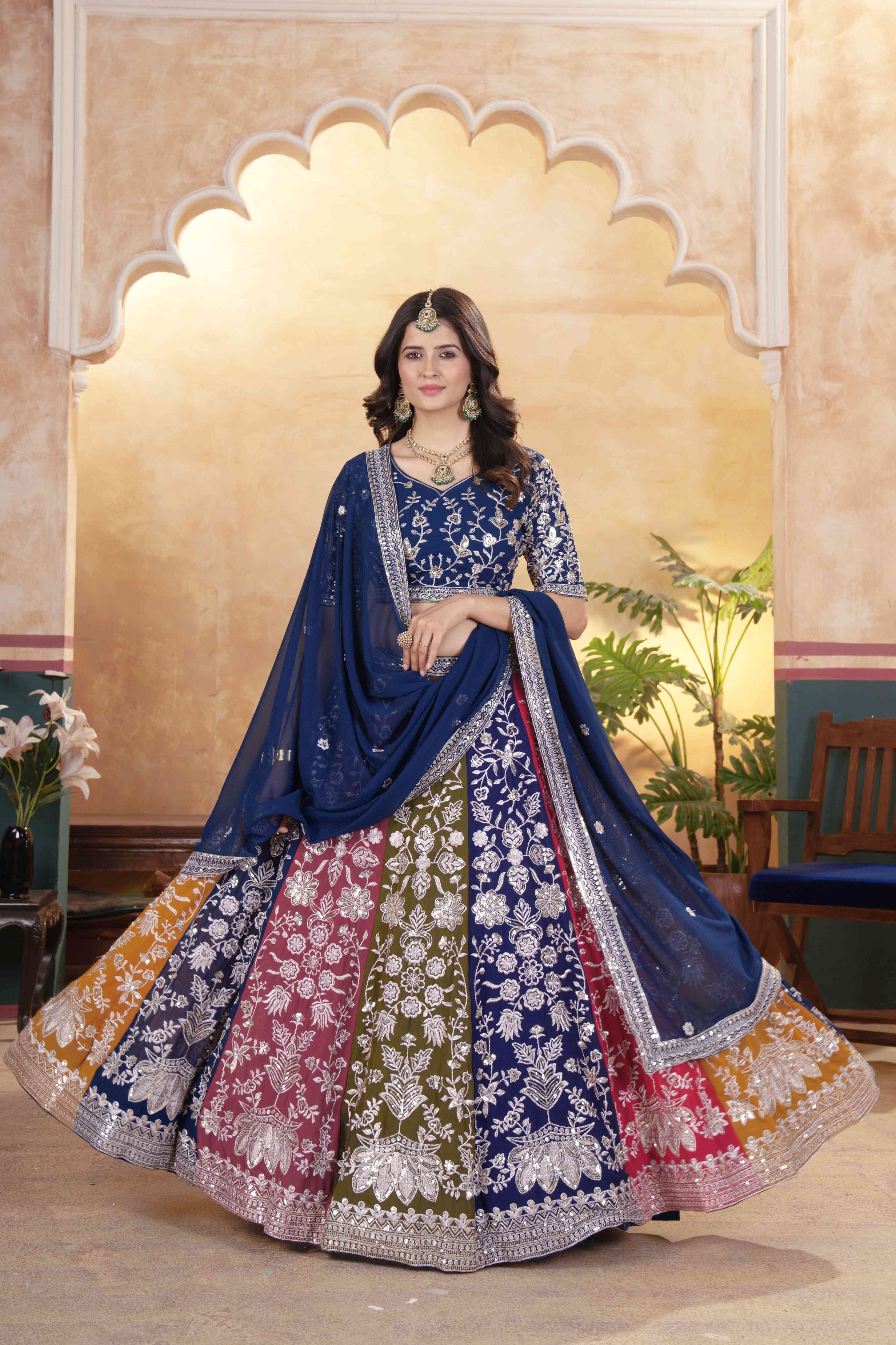 Alluring Multicolor Panelled Navy Blue Embroidered Lehenga Choli With Border Dupatta