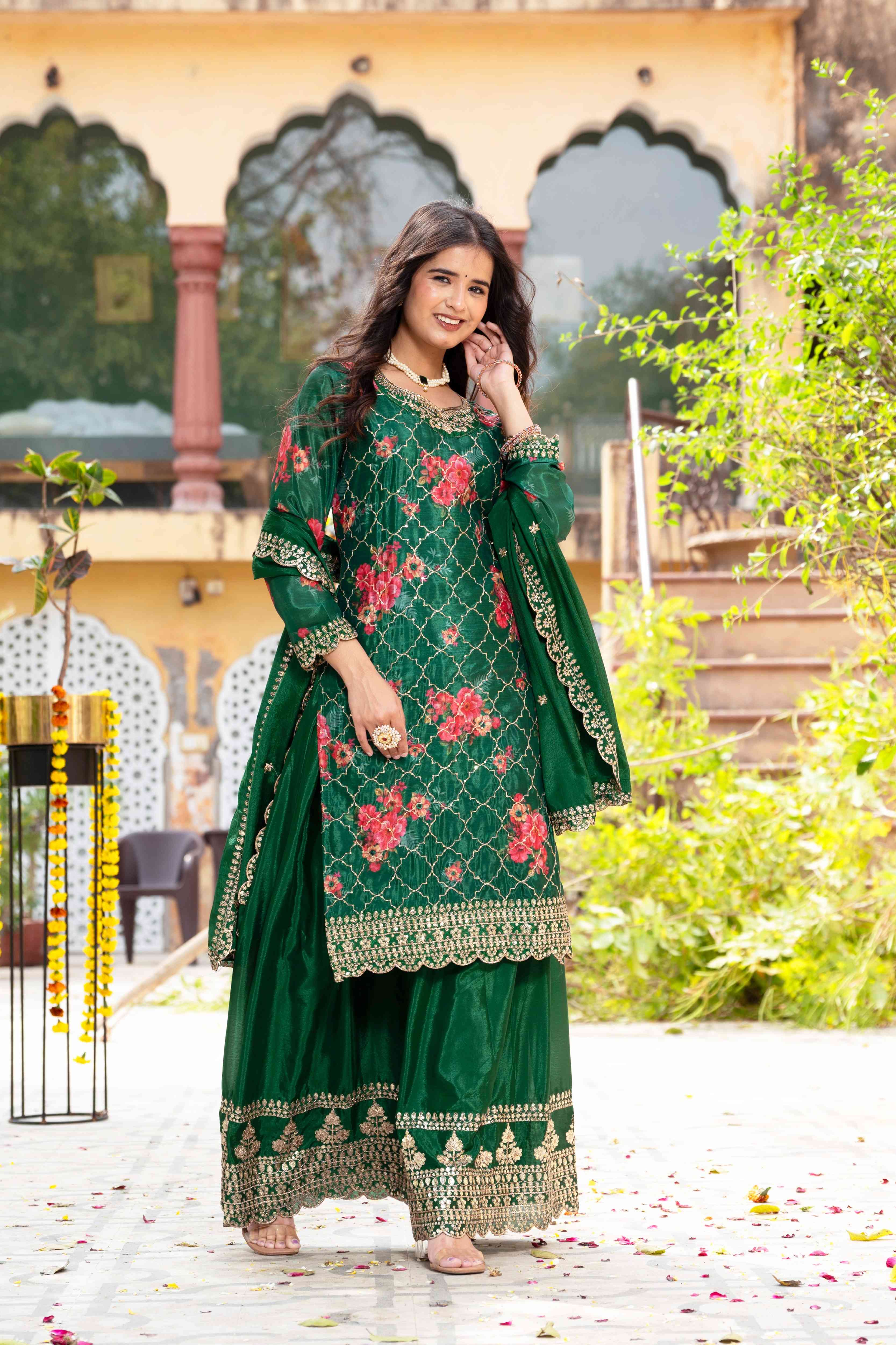 Beautiful Green Silk Digital Printed Embroidery Designer sharara Suit With Dupatta