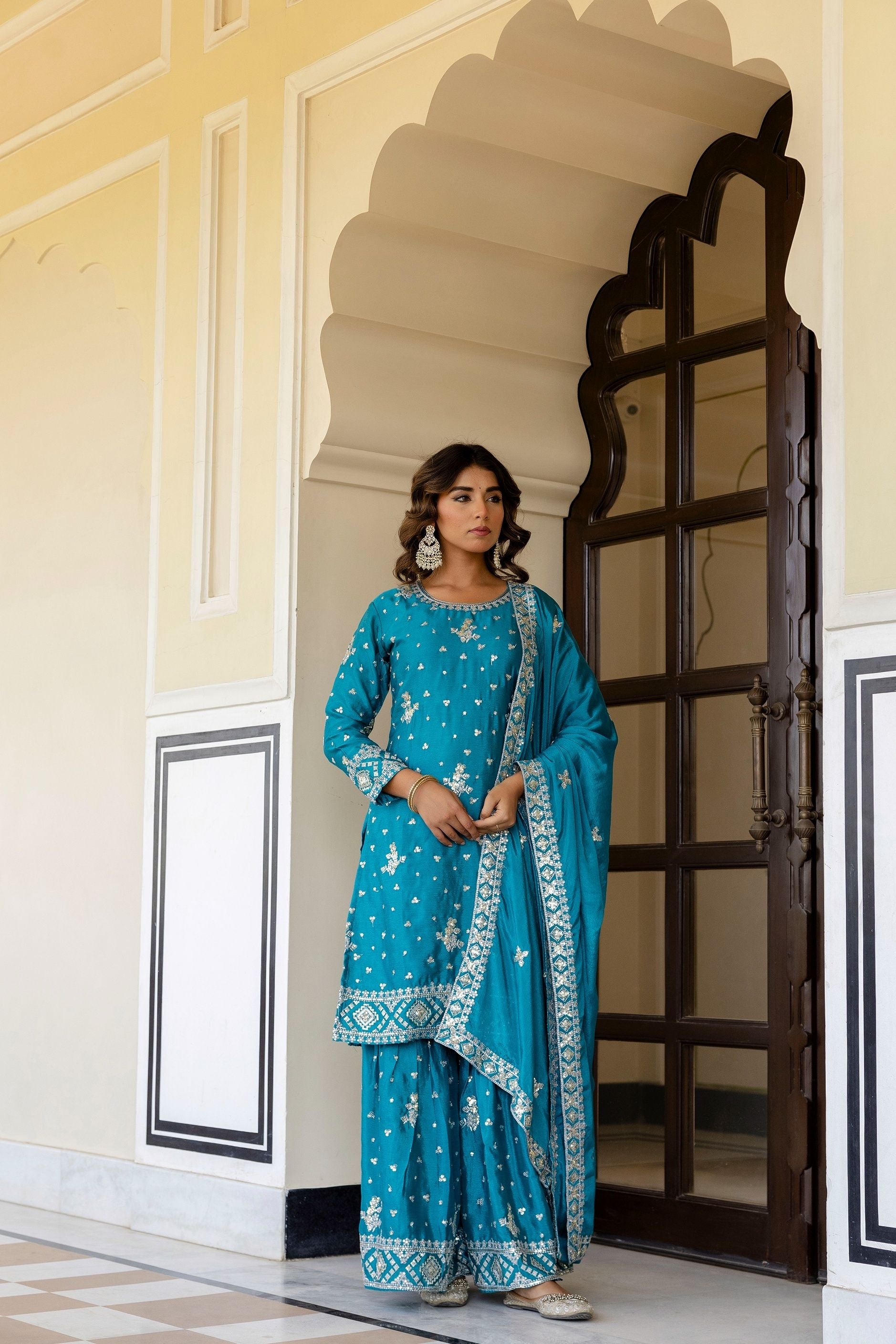 Incredible Teal Blue Chinon Embroidery Sequence Party Wear Sharara Suit With Dupatta