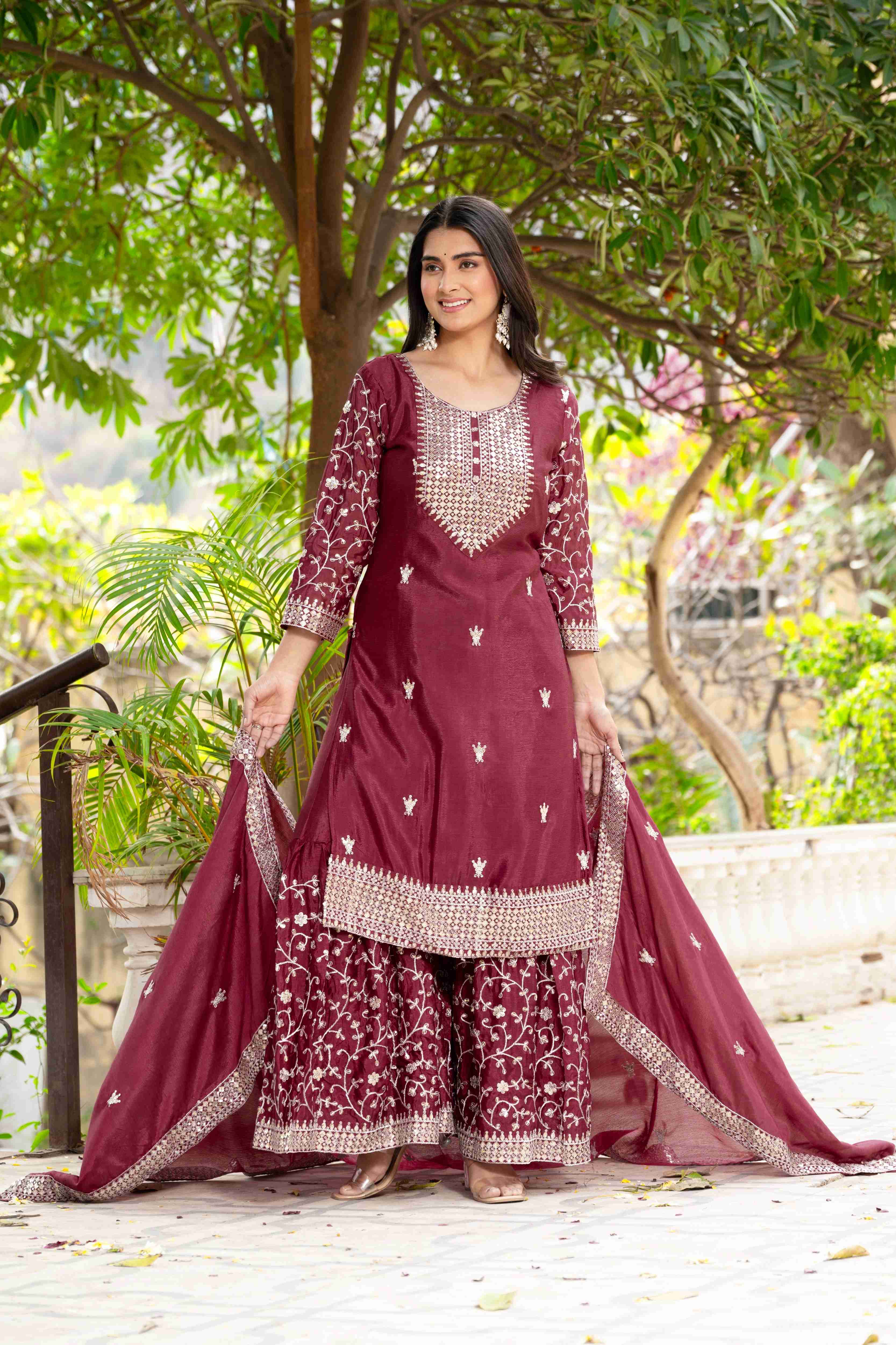 Adorable Maroon Chinon Sequence Embroidery Wedding Wear Sharara Suit With Dupatta