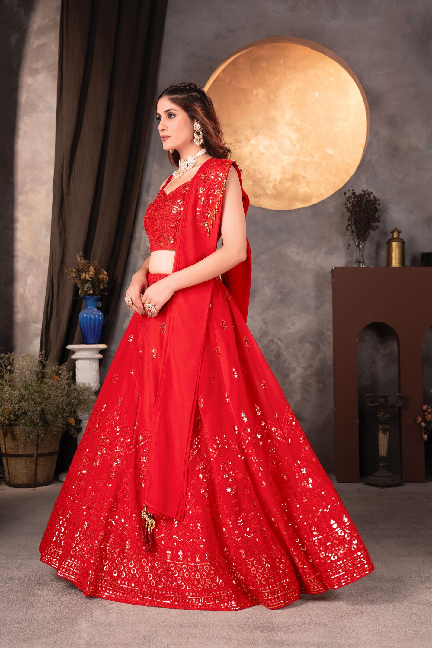 Elelegant Red Georgette Embroidery Sequence Designer Traditional Wear Lehenga Choli With Dupatta