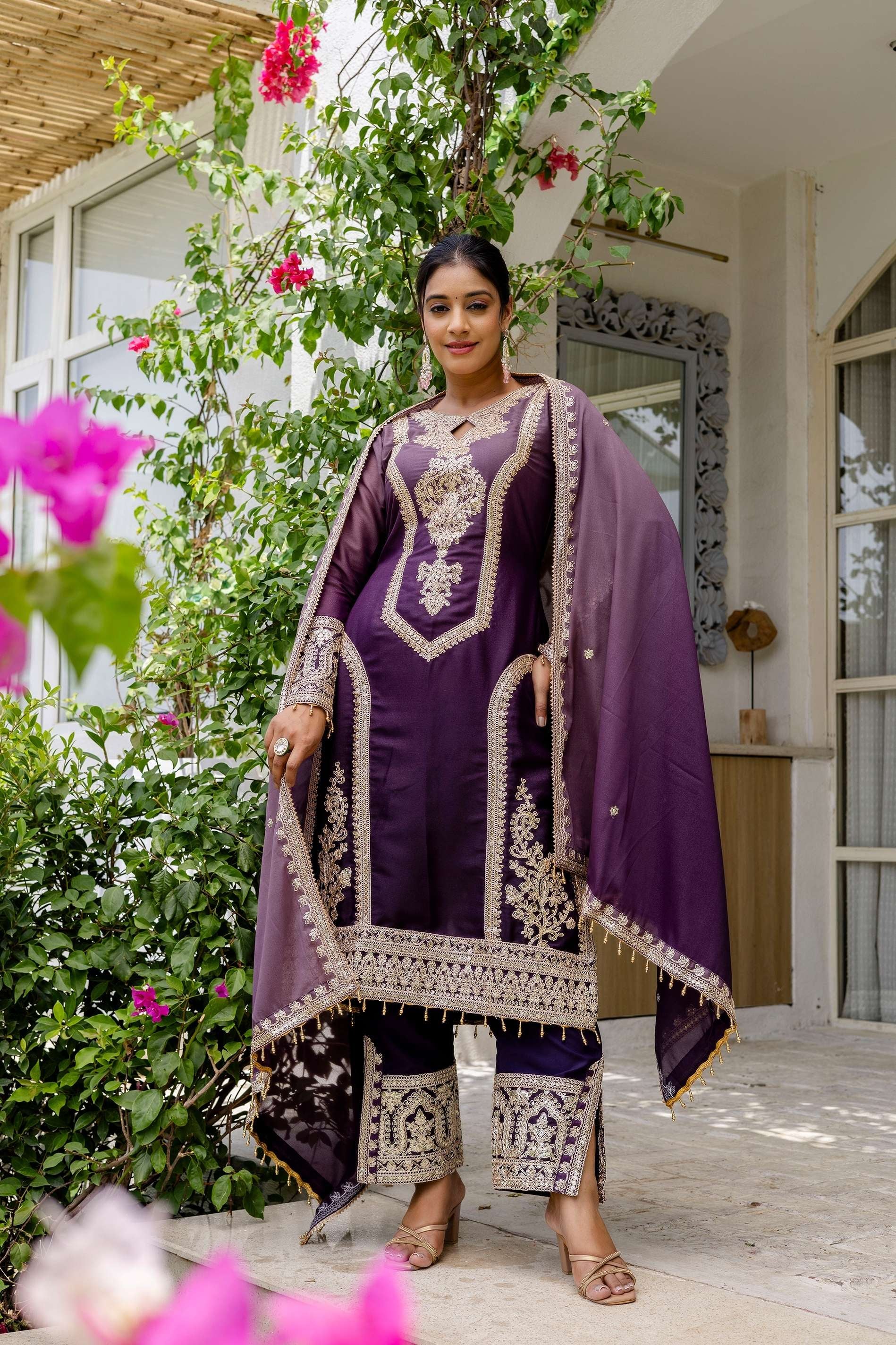 Awesome Plum Purple pedding Embroidery Sequence Work Festival Wear Pant Suit