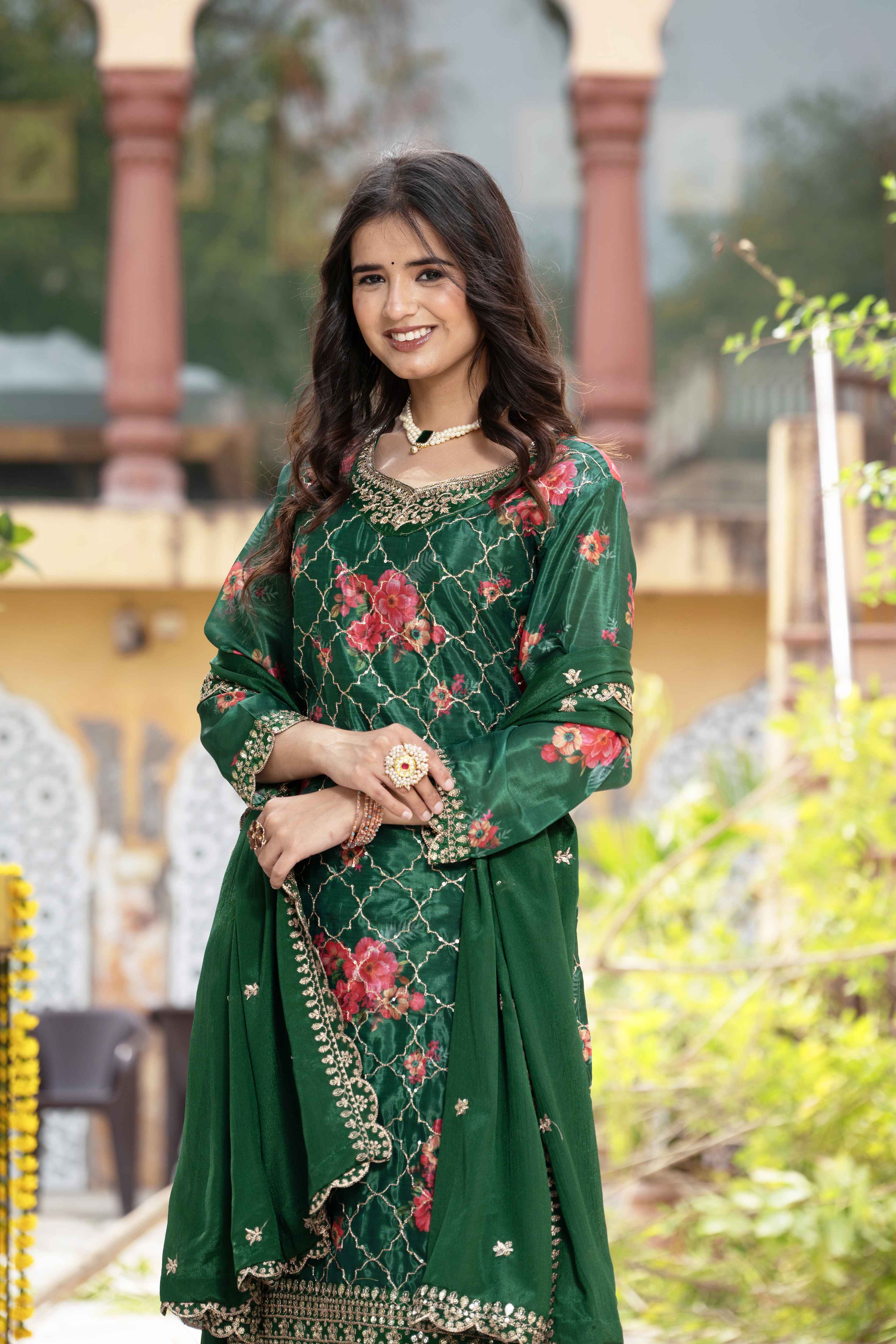 Beautiful Green Silk Digital Printed Embroidery Designer sharara Suit With Dupatta