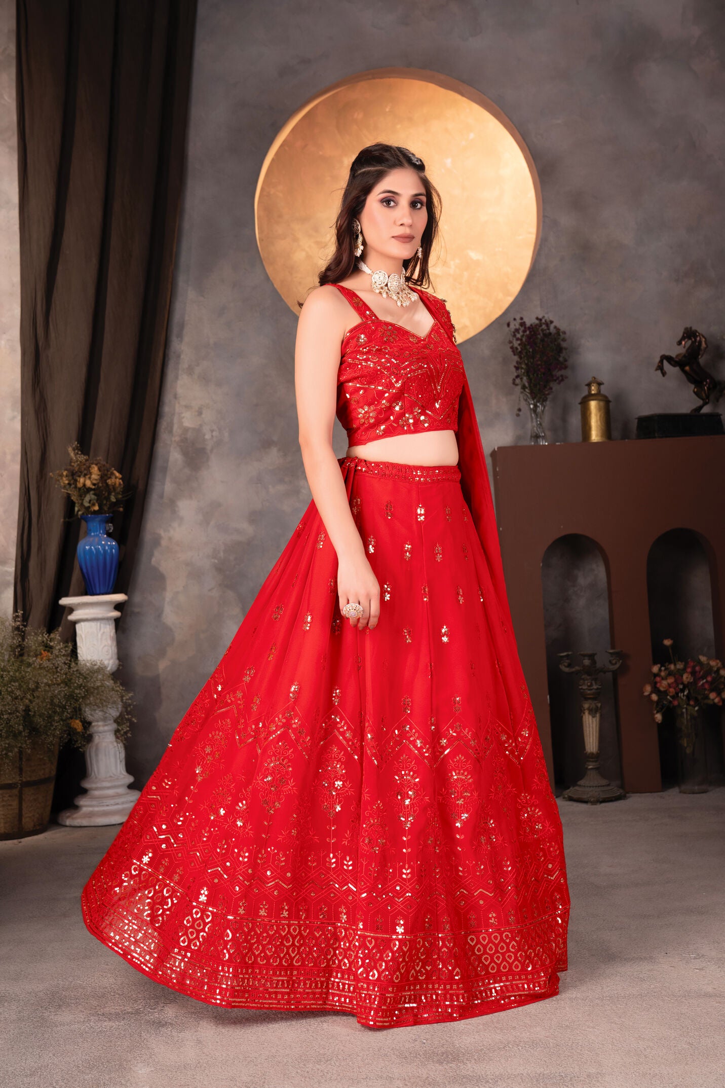 Elelegant Red Georgette Embroidery Sequence Designer Traditional Wear Lehenga Choli With Dupatta
