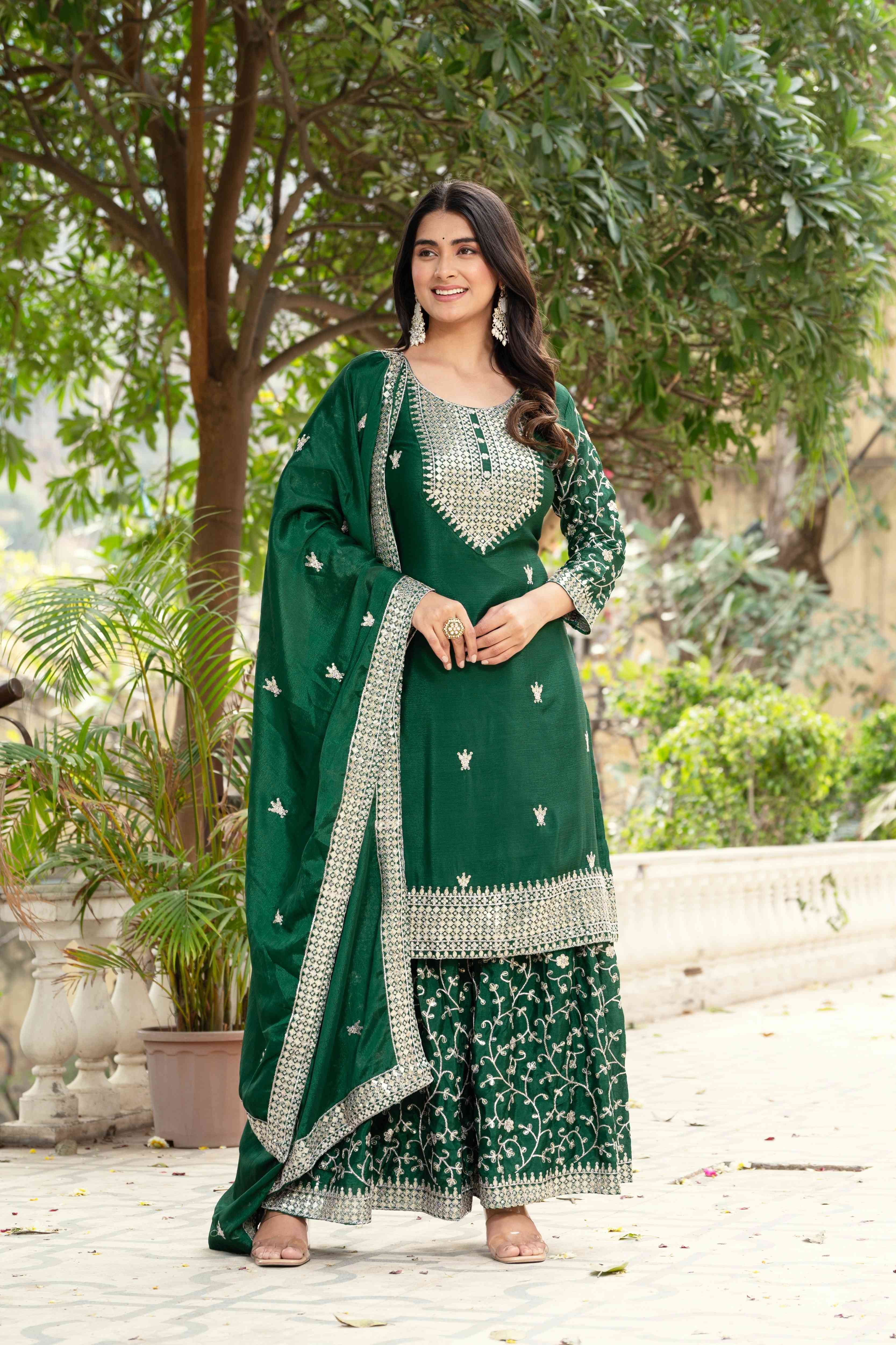 Incredible Bottel Green Chinon Sequence Embroidery Festive Wear Sharara Suit With Dupatta