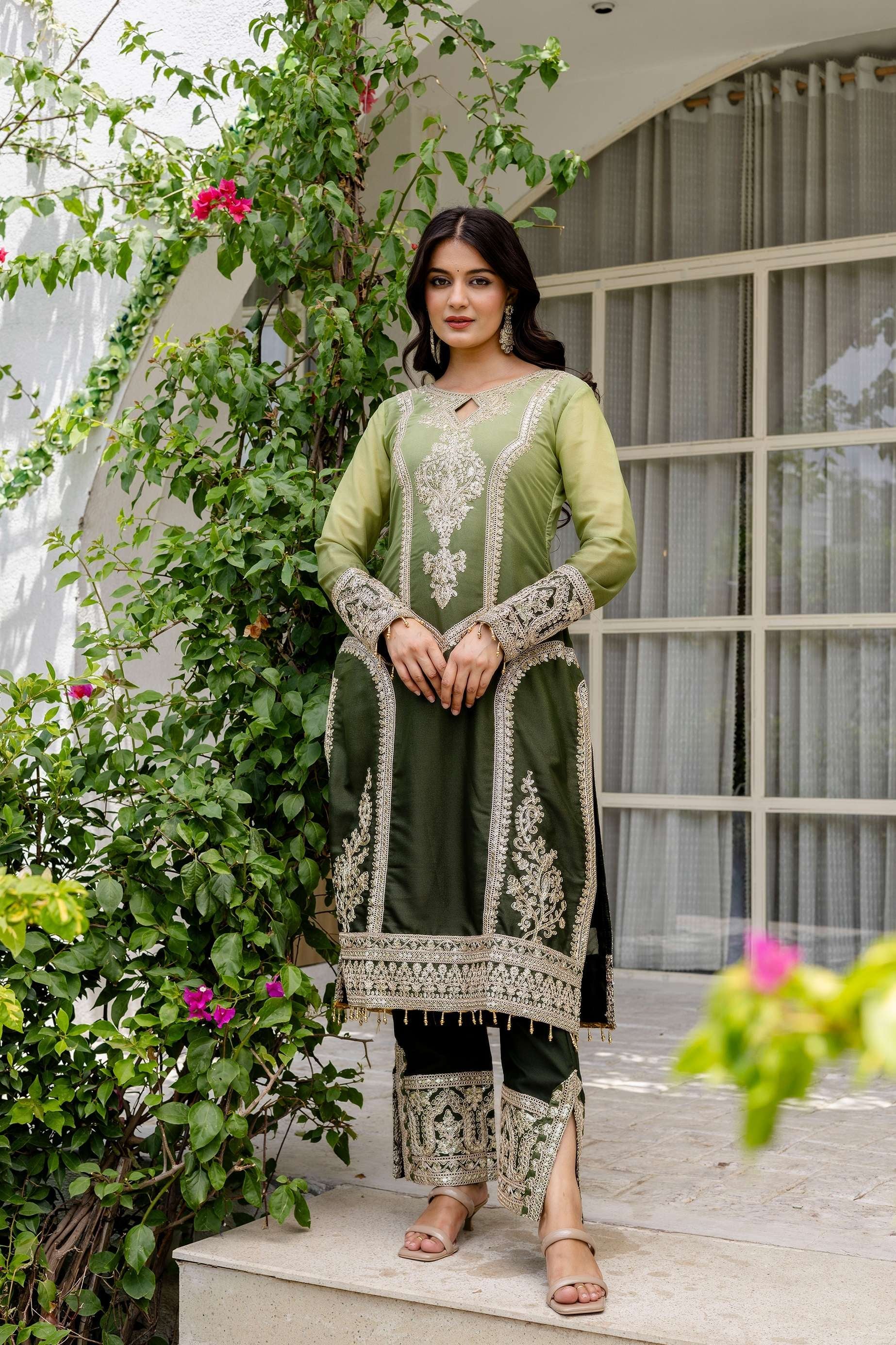 Incredible Olive green pedding Embroidery Sequence Work Festival Wear Pant Suit