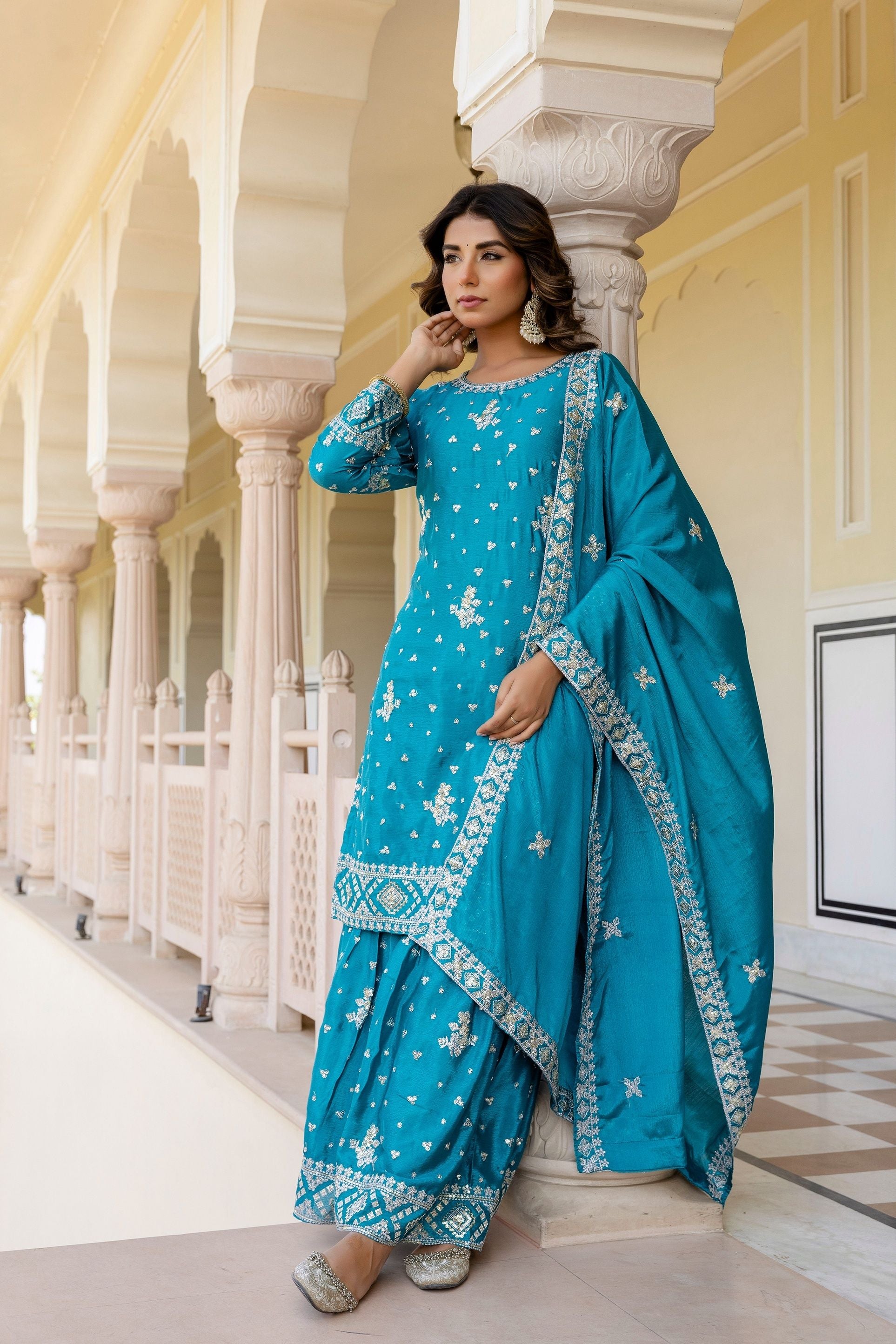 Incredible Teal Blue Chinon Embroidery Sequence Party Wear Sharara Suit With Dupatta