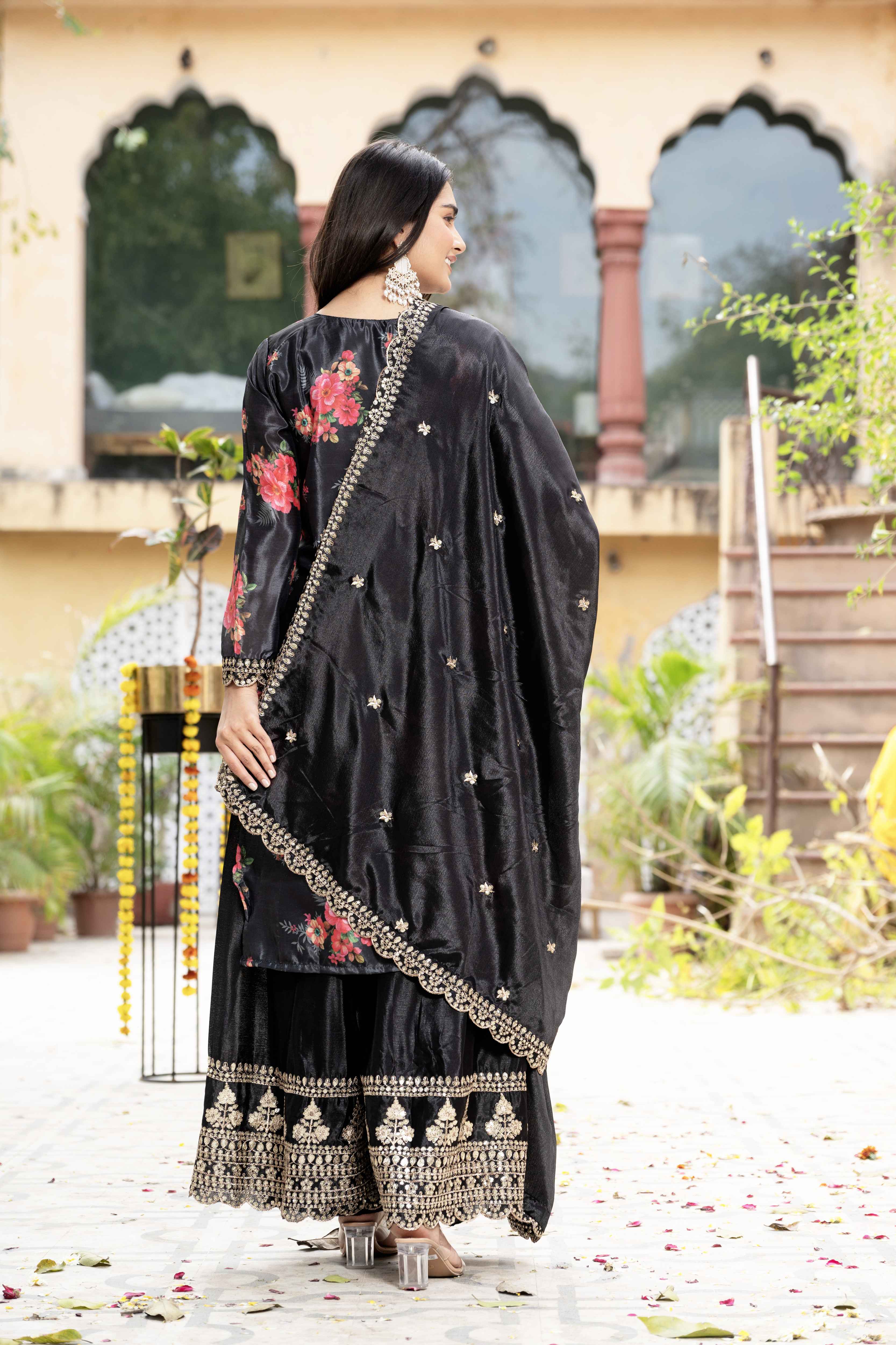 Pretty Black Silk Digital Printed Embroidery Designer sharara Suit With Dupatta