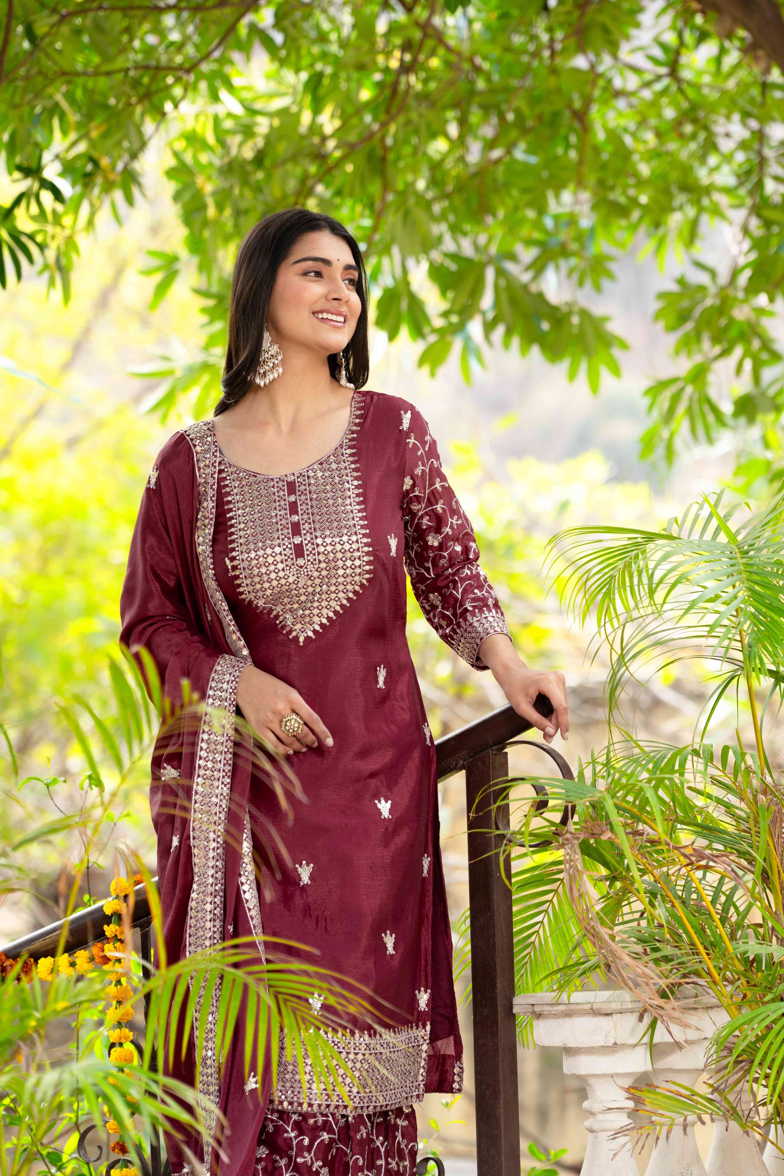 Adorable Maroon Chinon Sequence Embroidery Wedding Wear Sharara Suit With Dupatta