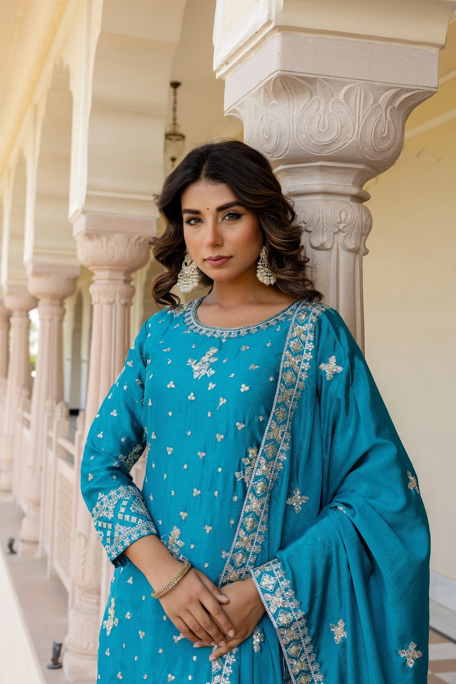Incredible Teal Blue Chinon Embroidery Sequence Party Wear Sharara Suit With Dupatta